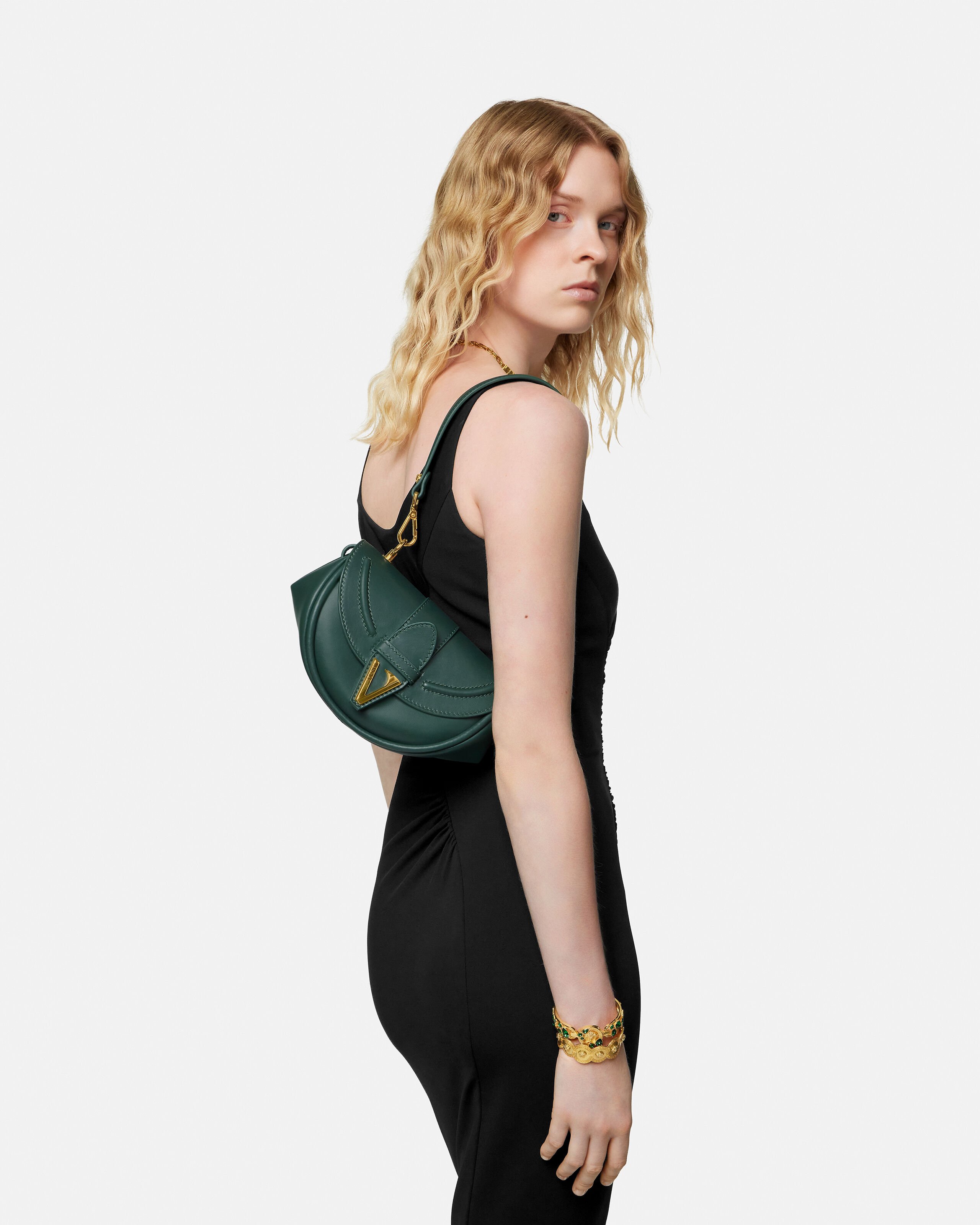 Virtus Small Leather Shoulder Bag Green | VERSACE US