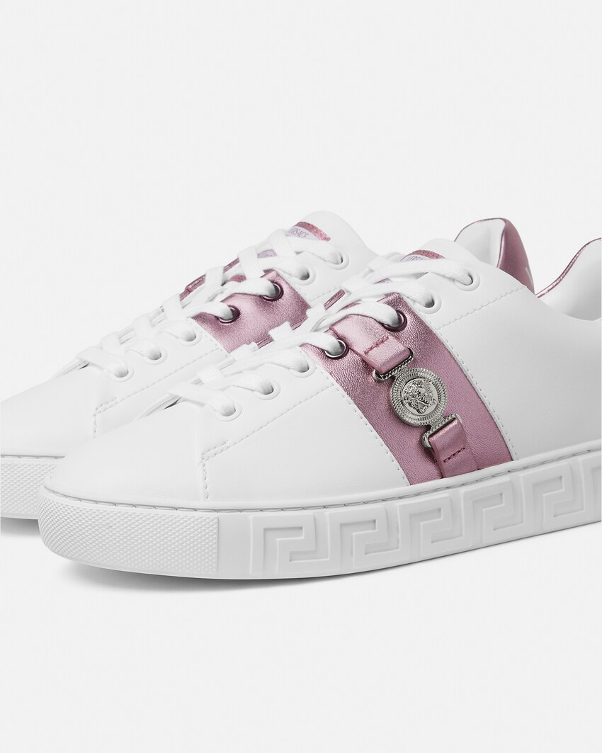 Greca Embellished Sneakers White Pink VERSACE US Greca Embellished Sneakers White Pink VERSACE US