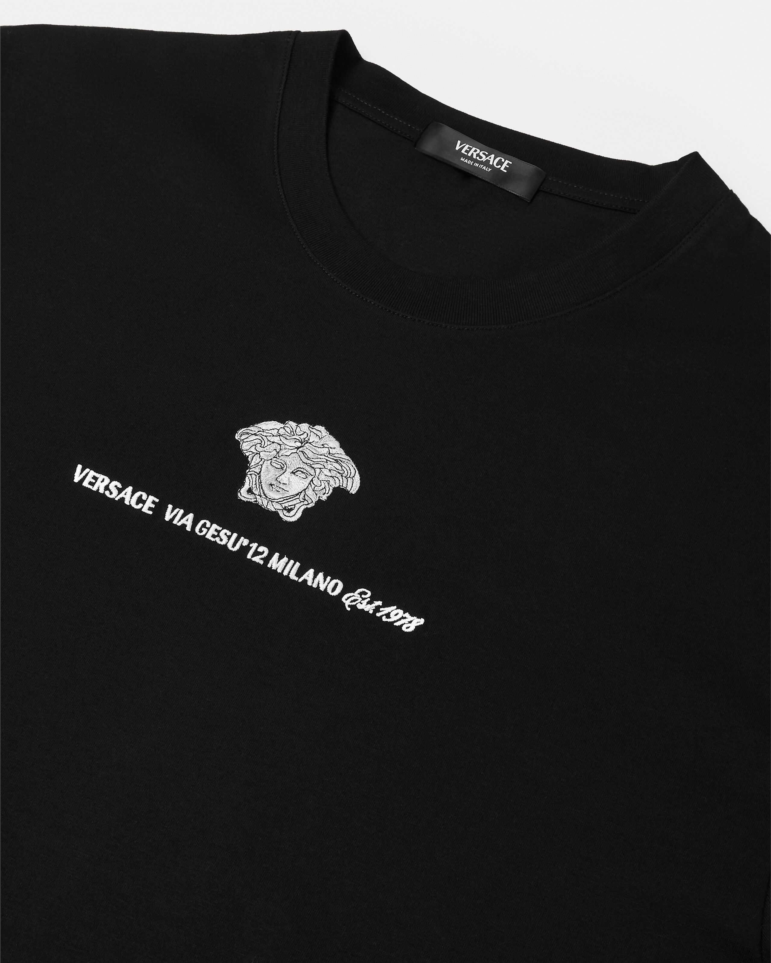 Embroidered Cotton-Jersey T-Shirt Black | VERSACE US