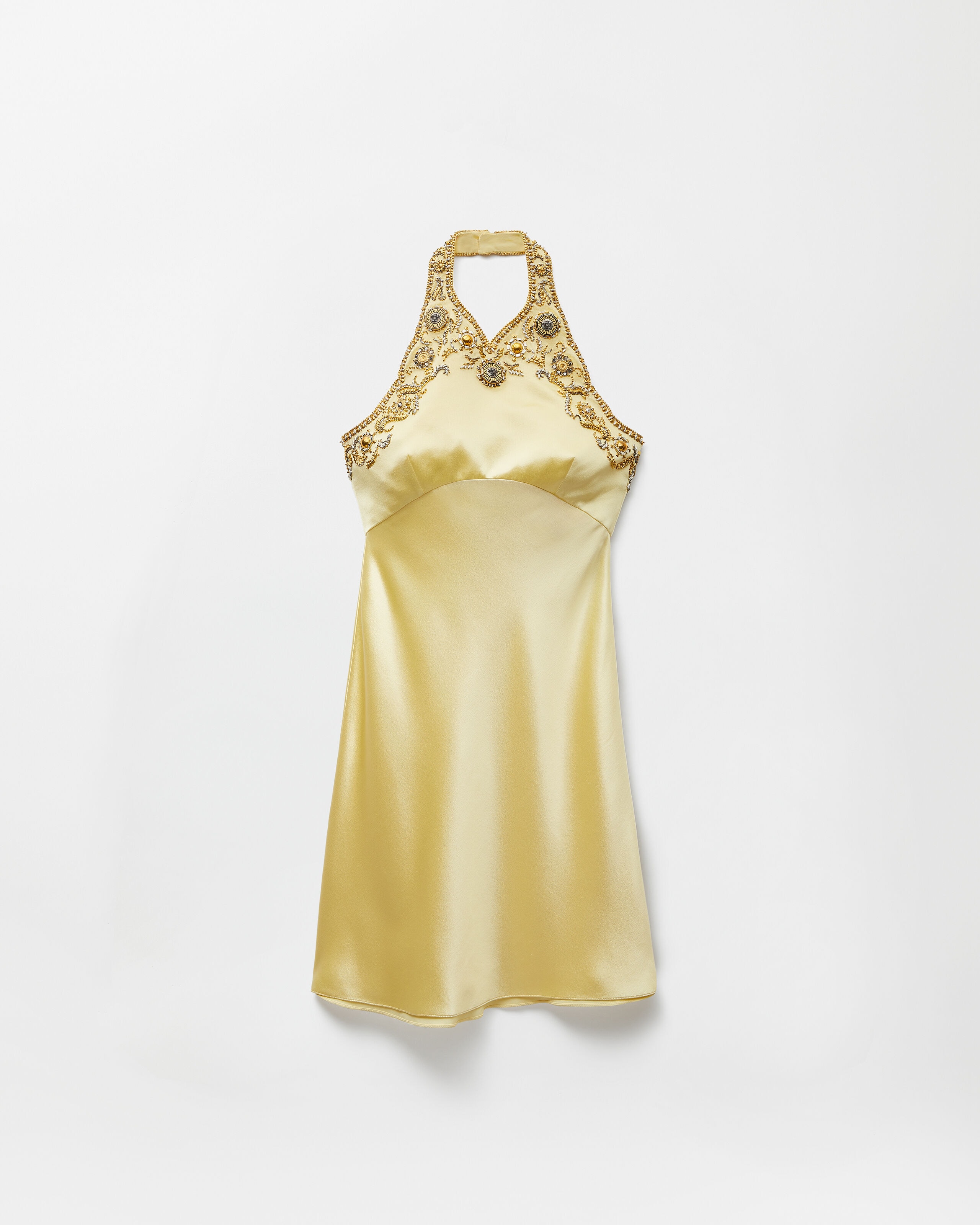Embroidered Silk Cady Satin Mini Dress Yellow | VERSACE US