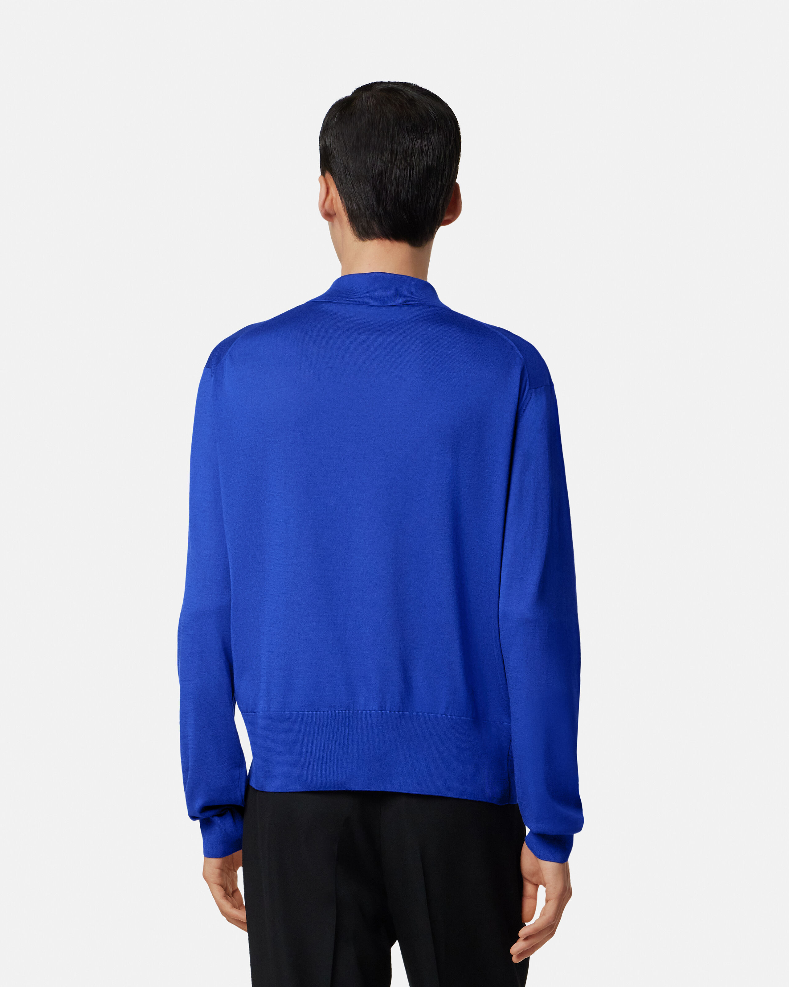 Silk-Cotton Knit Polo Cardigan Blue | VERSACE US