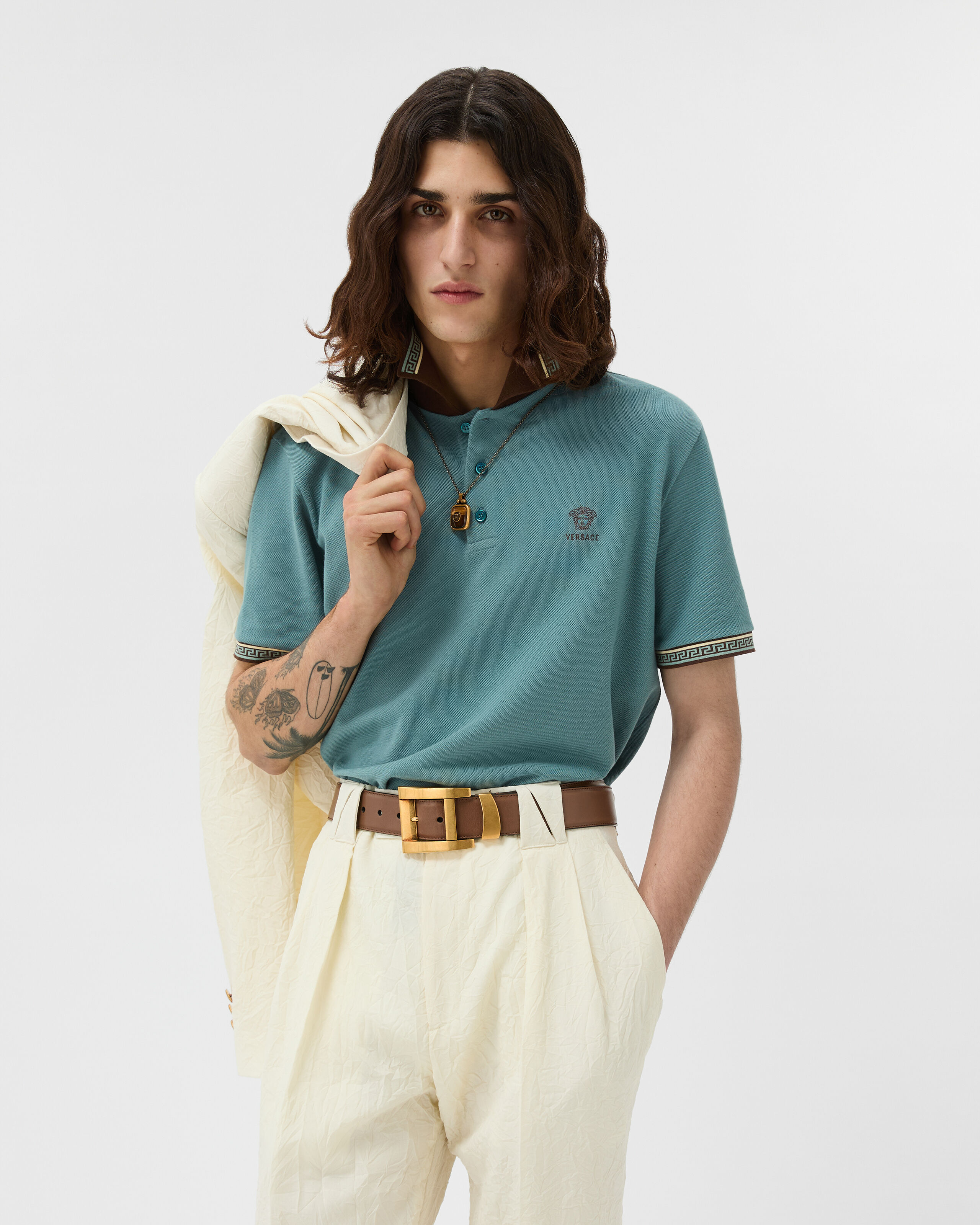 Embroidered-Logo Cotton Piqué Polo Blue | VERSACE
