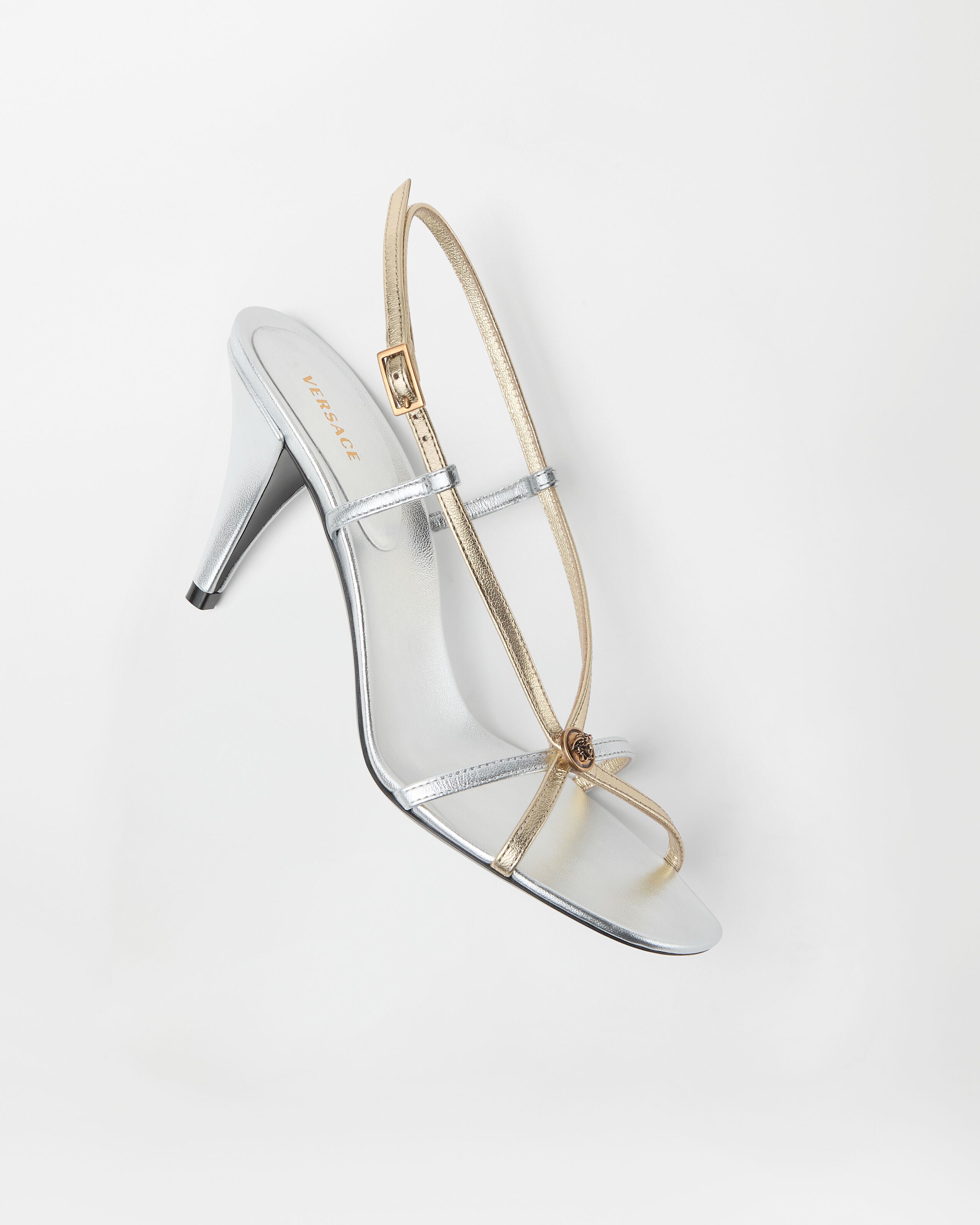 Valentina Metallic Sandals 80 mm Silver,Gold | VERSACE US