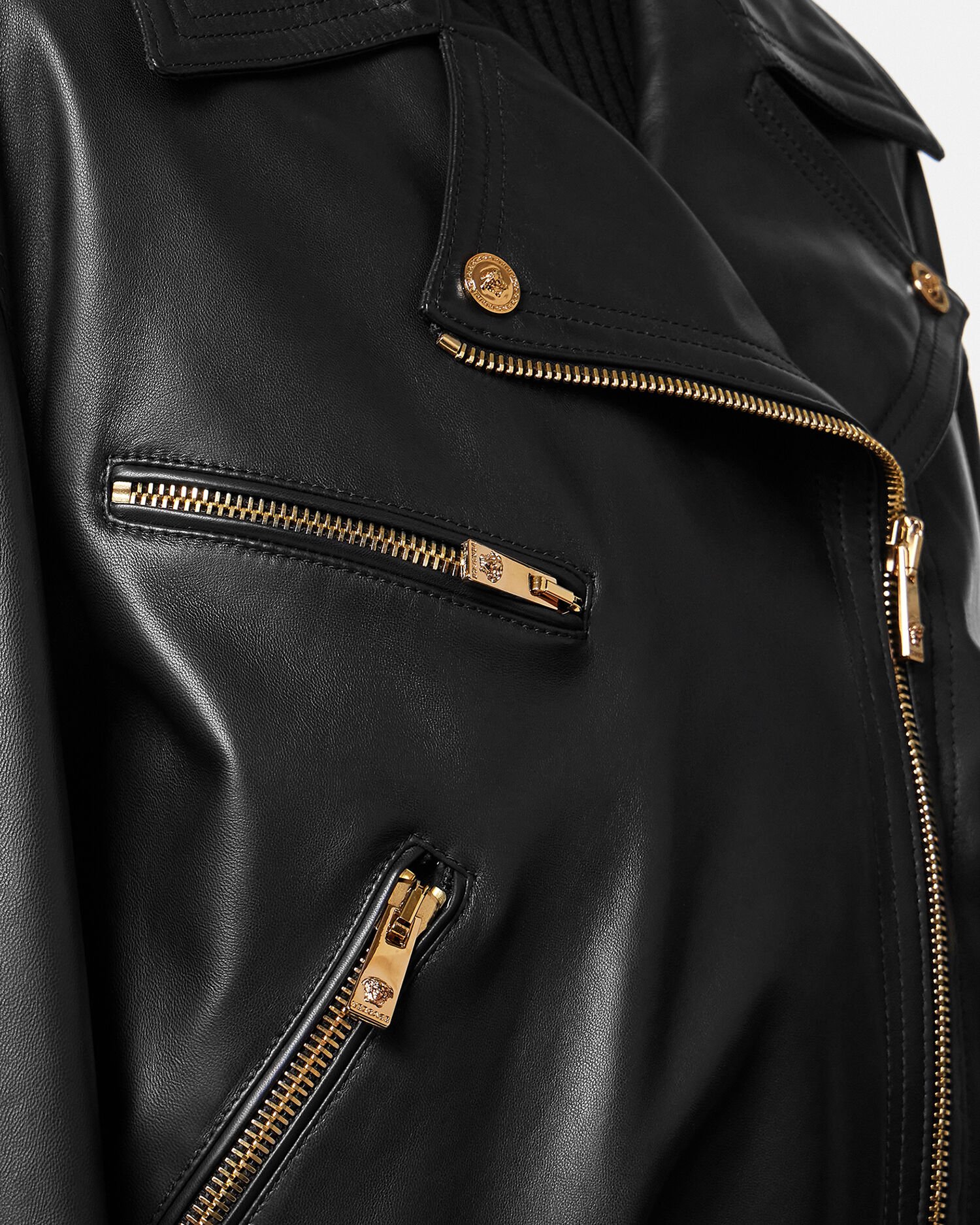 Plonge Leather Oversize Biker Jacket Black VERSACE US