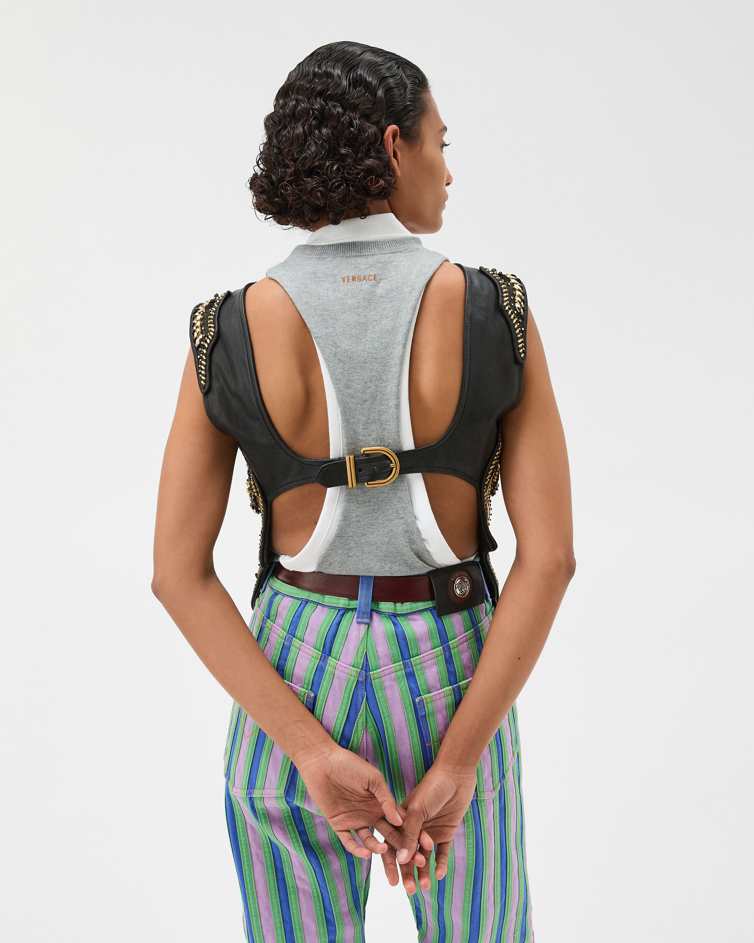 Embroidered Crop Leather Vest Black | VERSACE