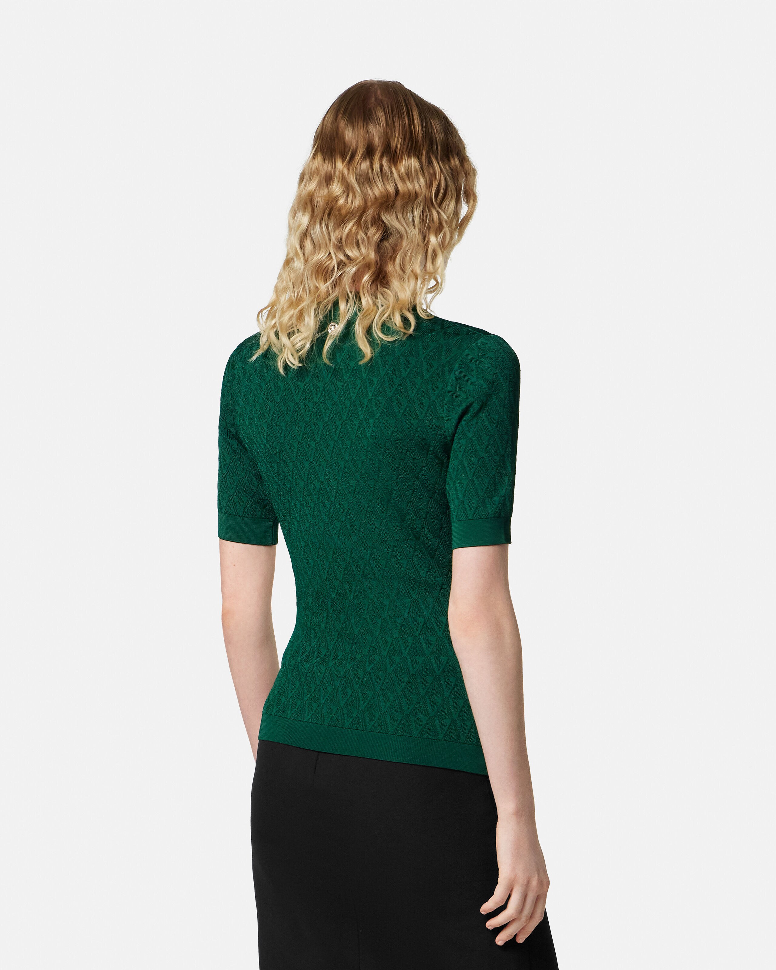 Jacquard Stretch Viscose Fitted Knit T-Shirt Green | VERSACE