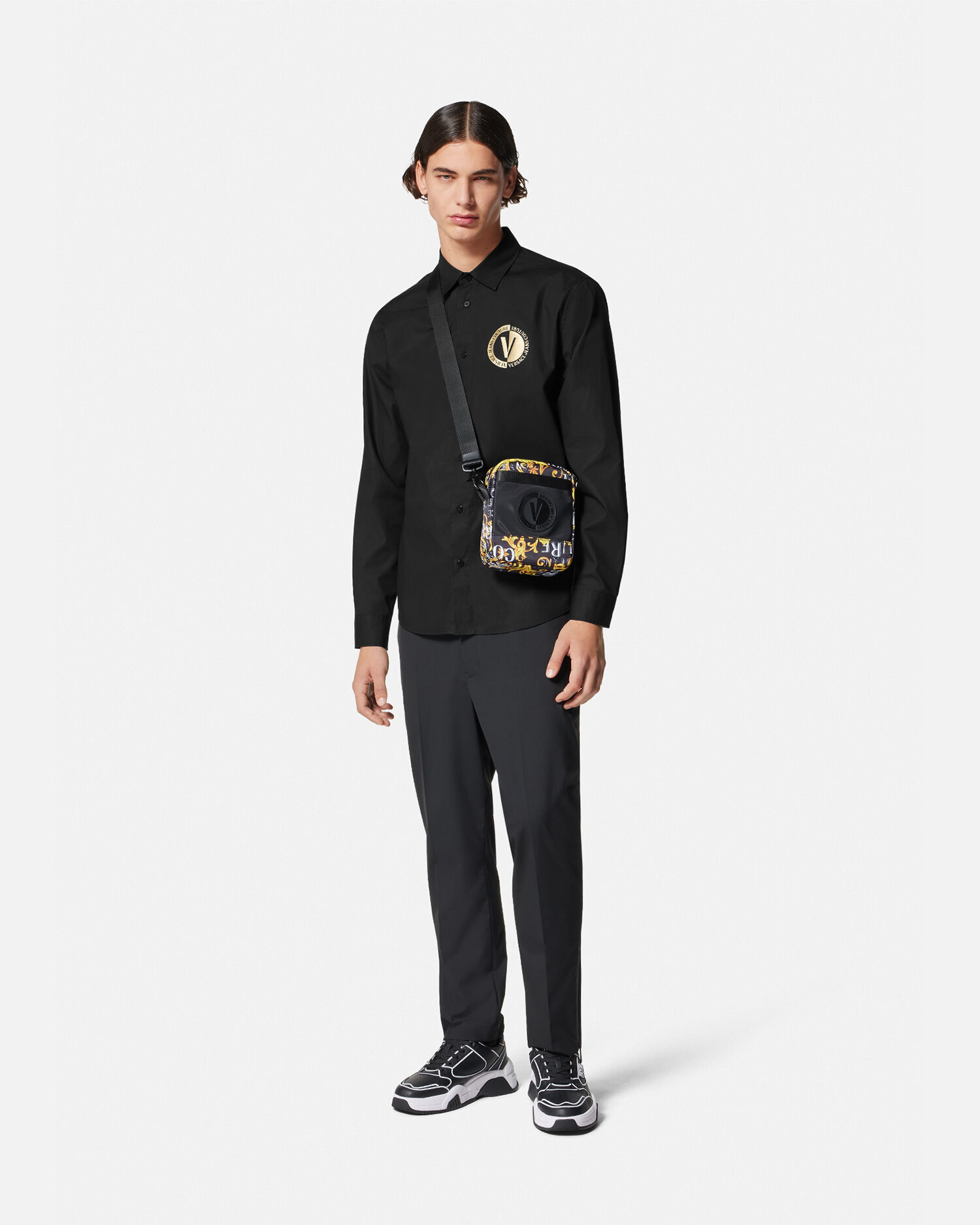 V Emblem Shirt Black Gold VERSACE US