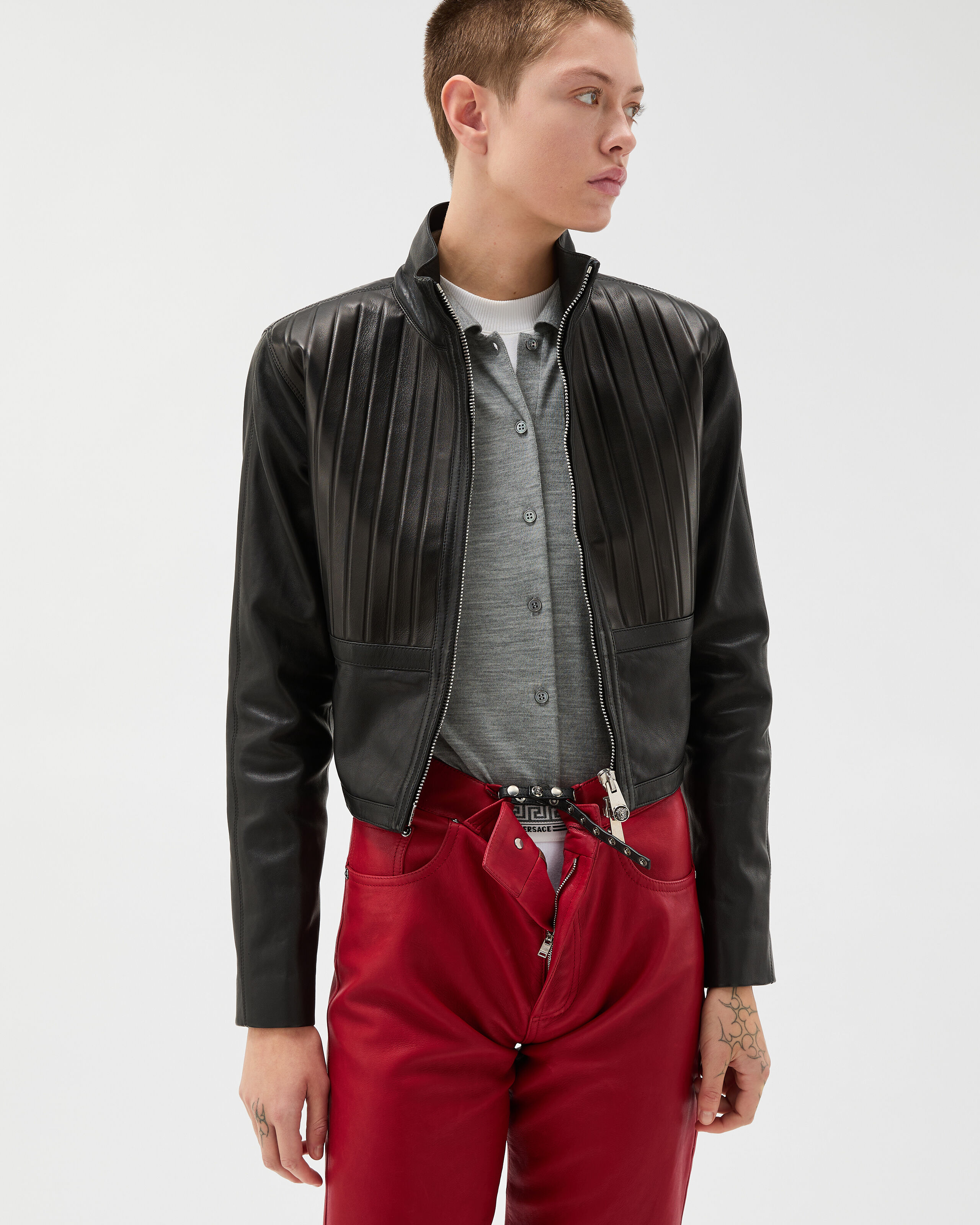 old leather jacket blouson black 本革 短丈 M Leather Blouson Black | VERSACE US