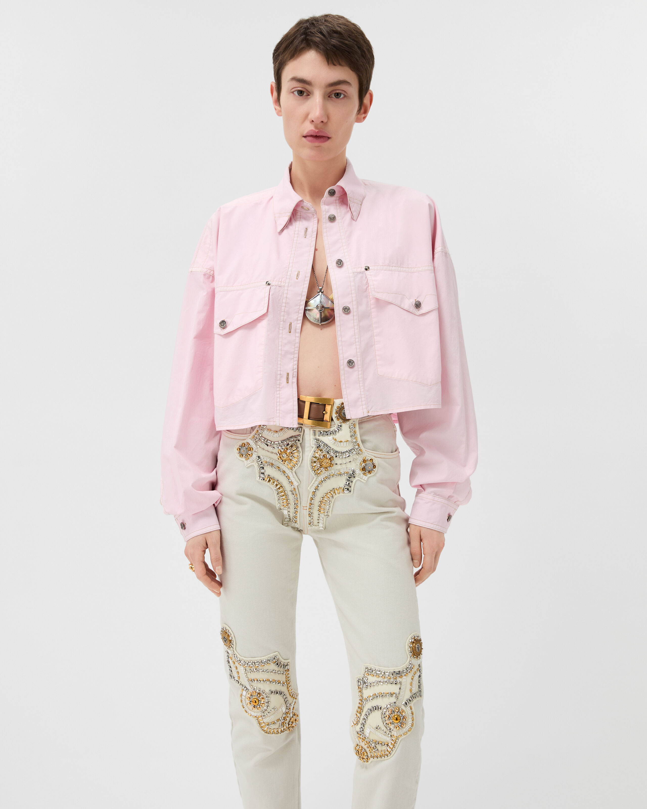 VERSACE クロップドシャツ ホワイト/ピンク Cotton-Poplin Crop Shirt Pink | VERSACE