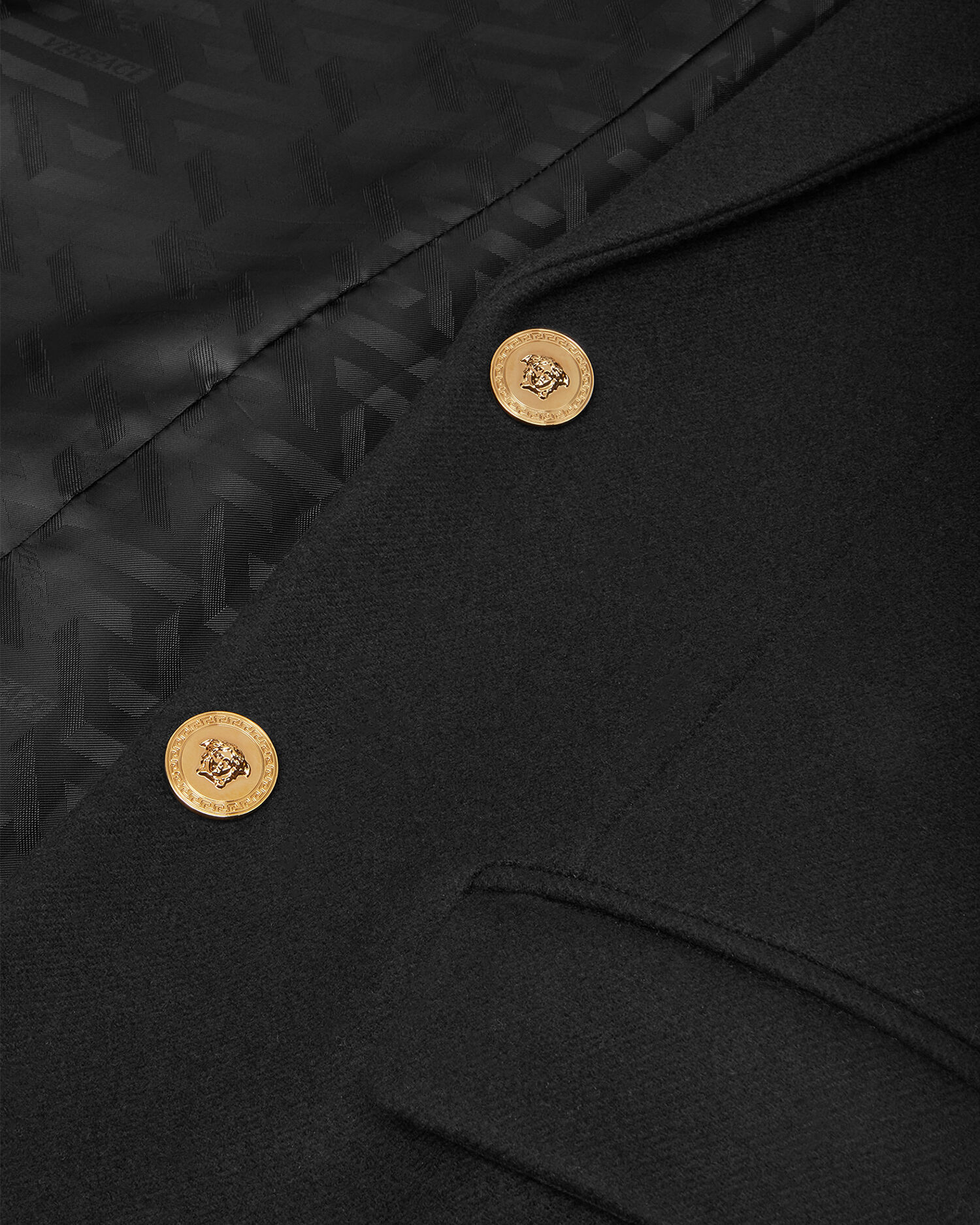 Wool Straight Single-Breasted Coat Black | VERSACE US Wool Straight Single-Breasted Coat Black | VERSACE US
