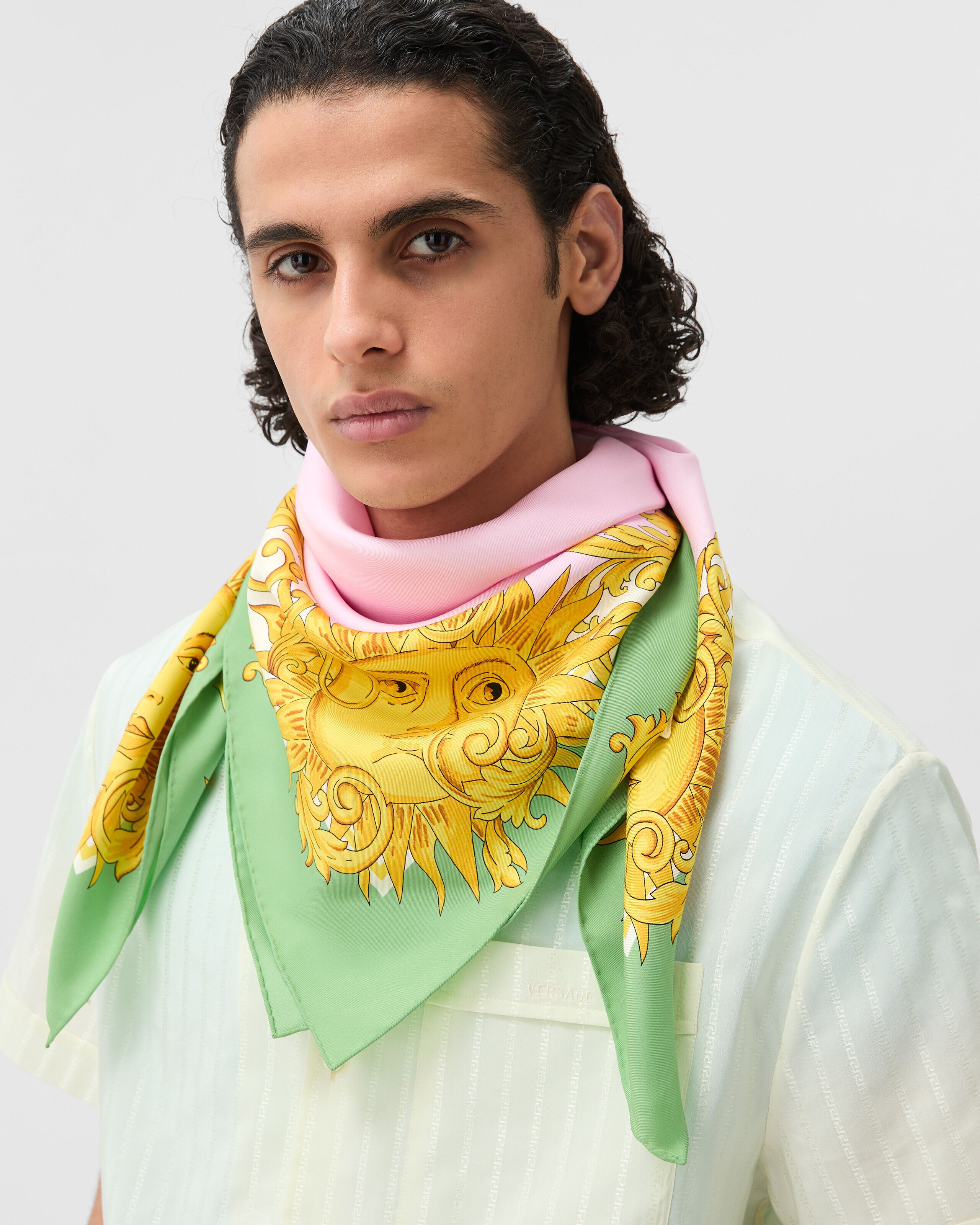 Printed Silk Twill Scarf, 90 cm Yellow,Pink | VERSACE US