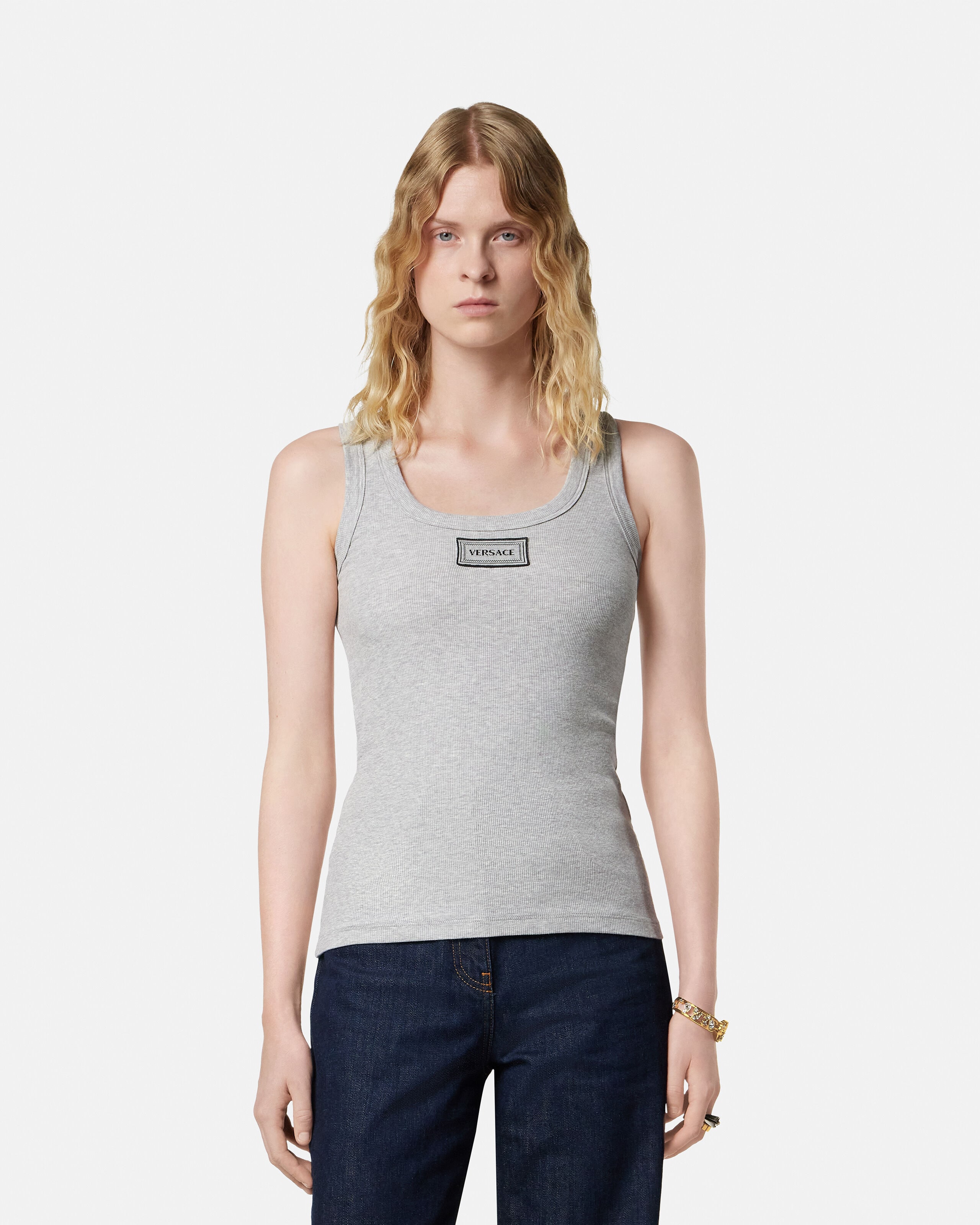 Ribbed Stretch Cotton Tank Top Gray | VERSACE US