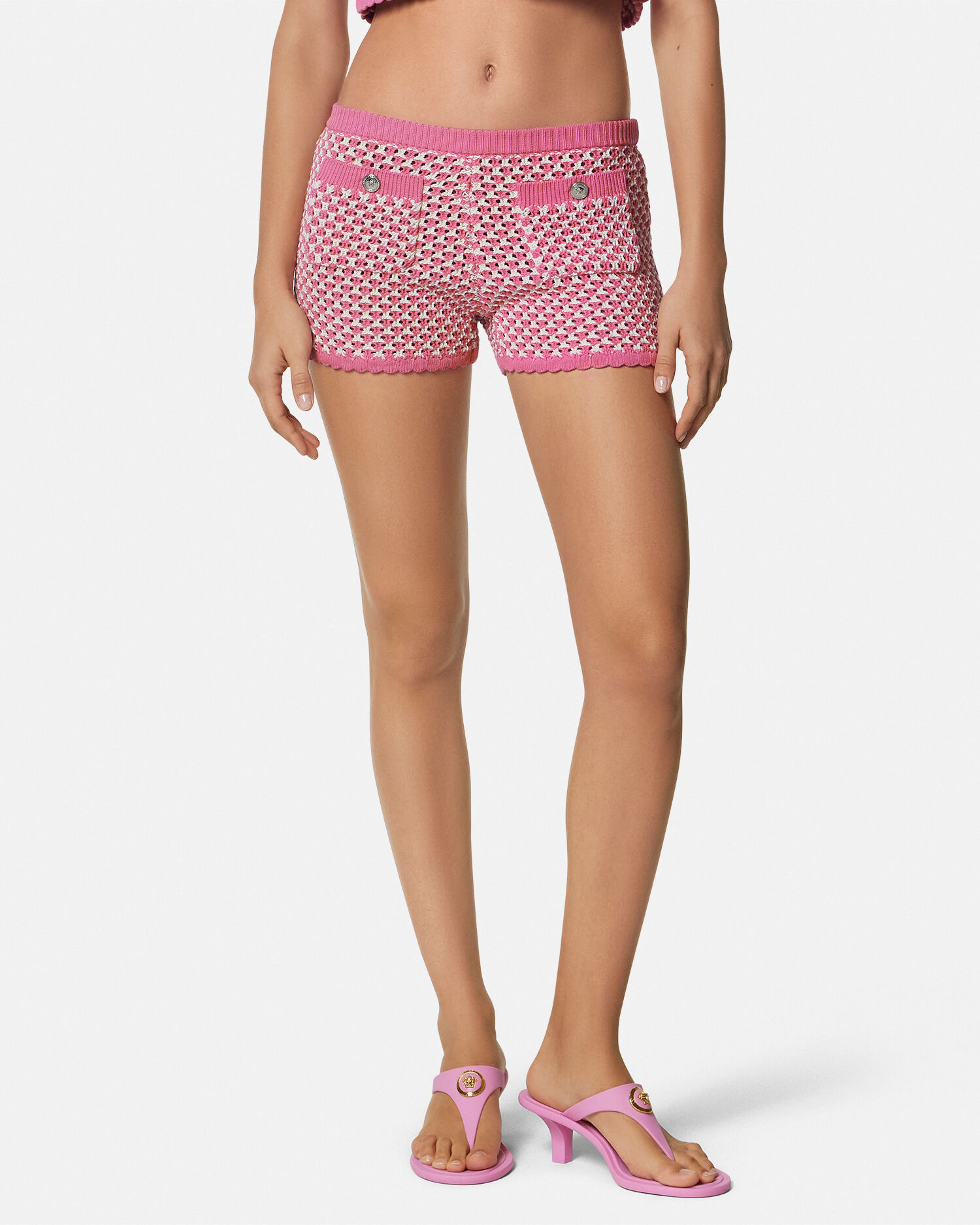 Crochet Knit Shorts Pink,White | VERSACE US