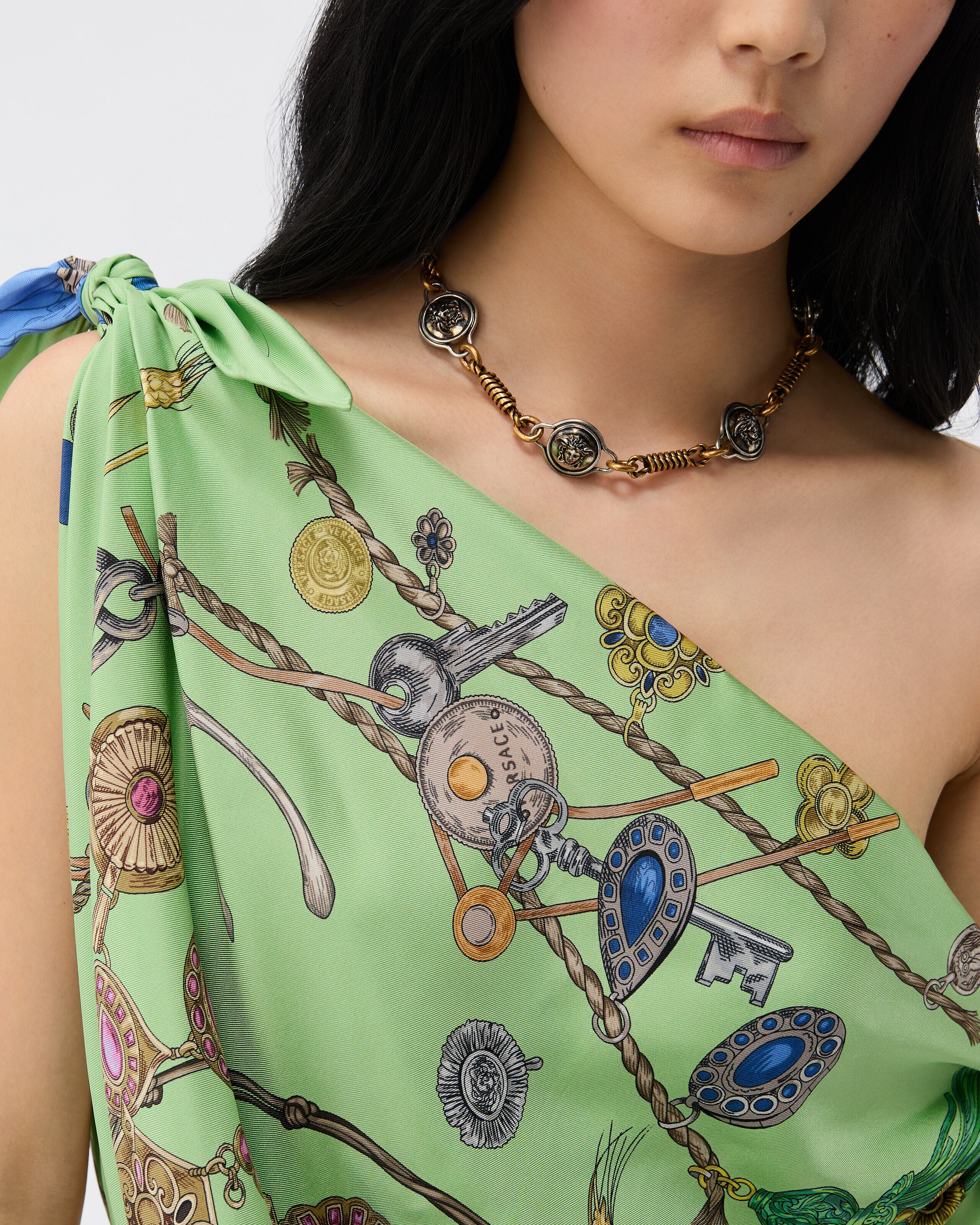 Printed Silk Twill Mini Dress Green | VERSACE