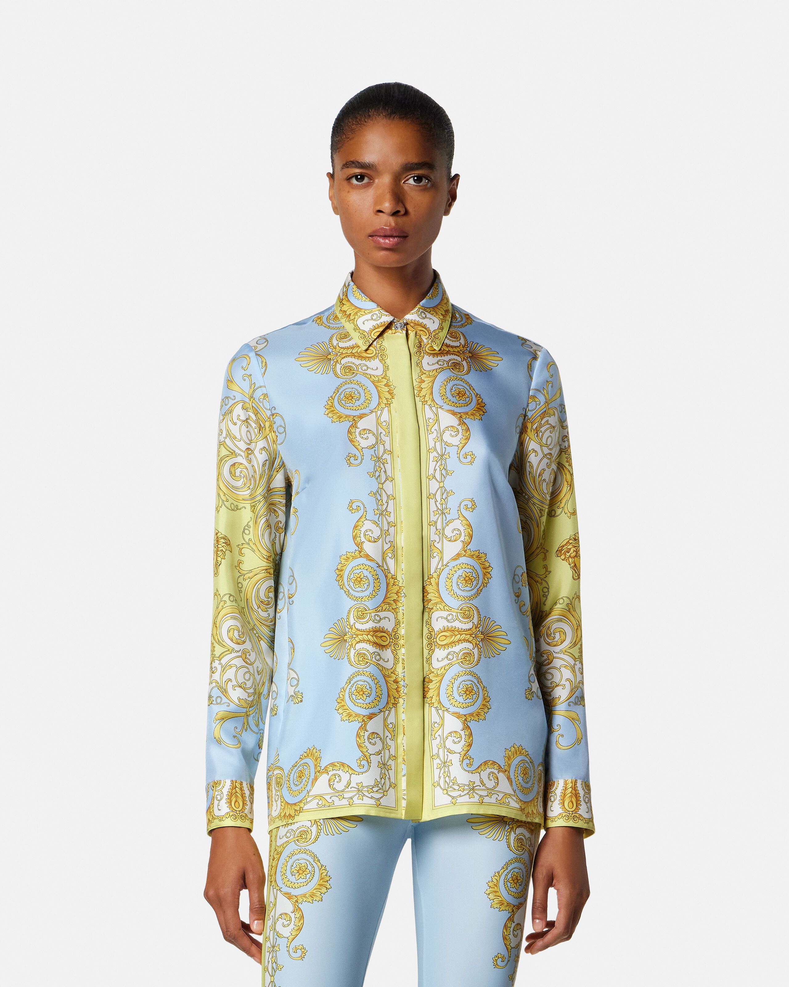 Printed Silk Twill Shirt Blue,Gold | VERSACE US