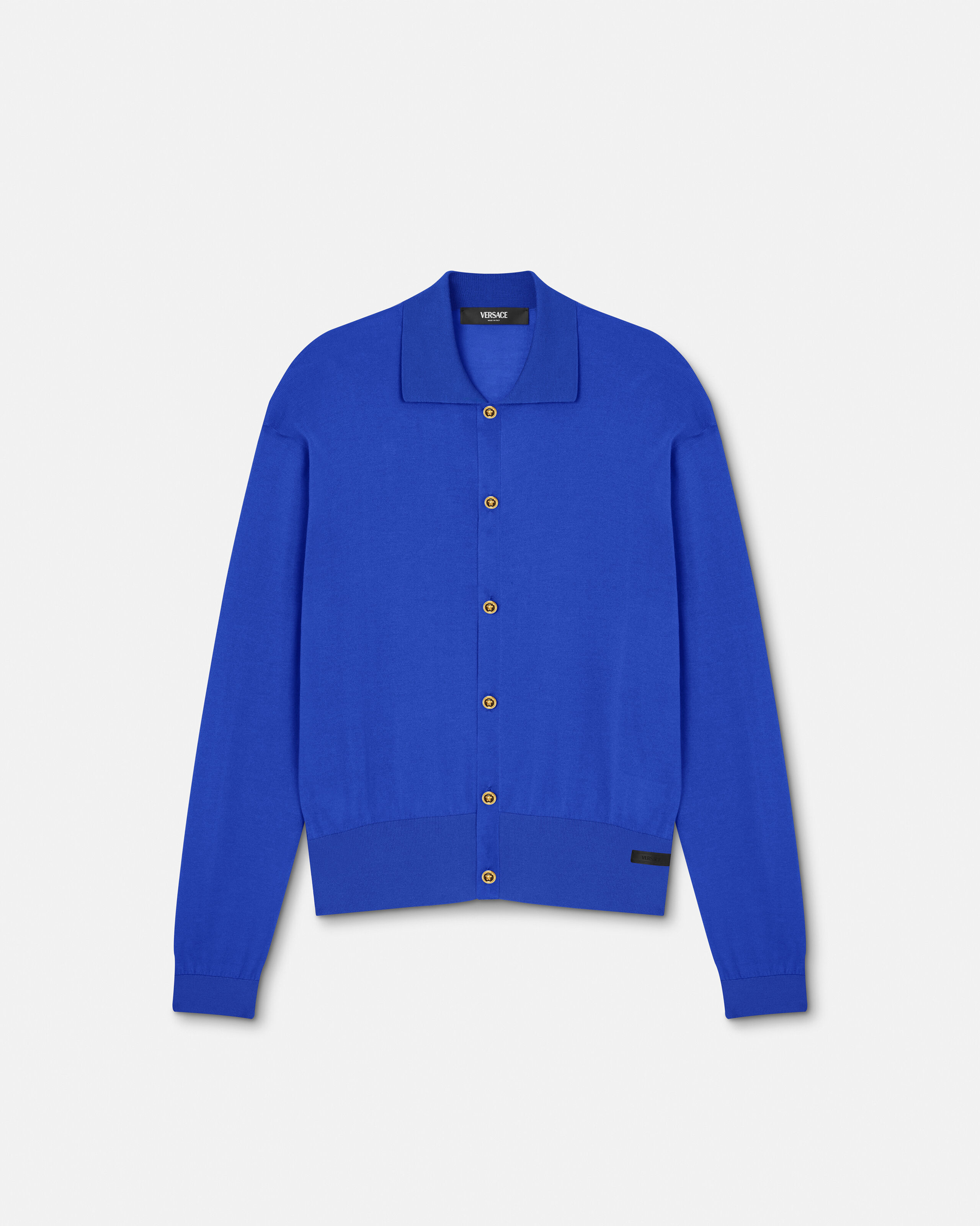 Silk-Cotton Knit Polo Cardigan Blue | VERSACE US
