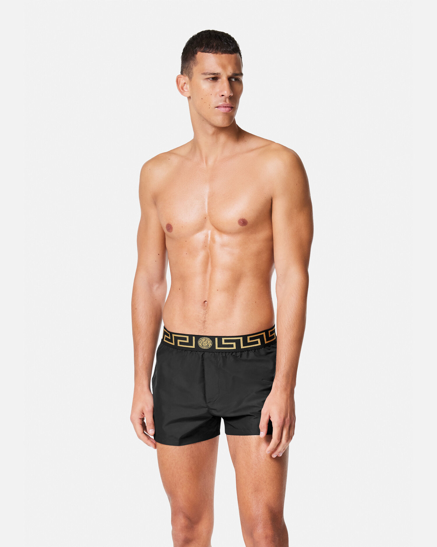 Greca Border Swim Shorts Black VERSACE AU
