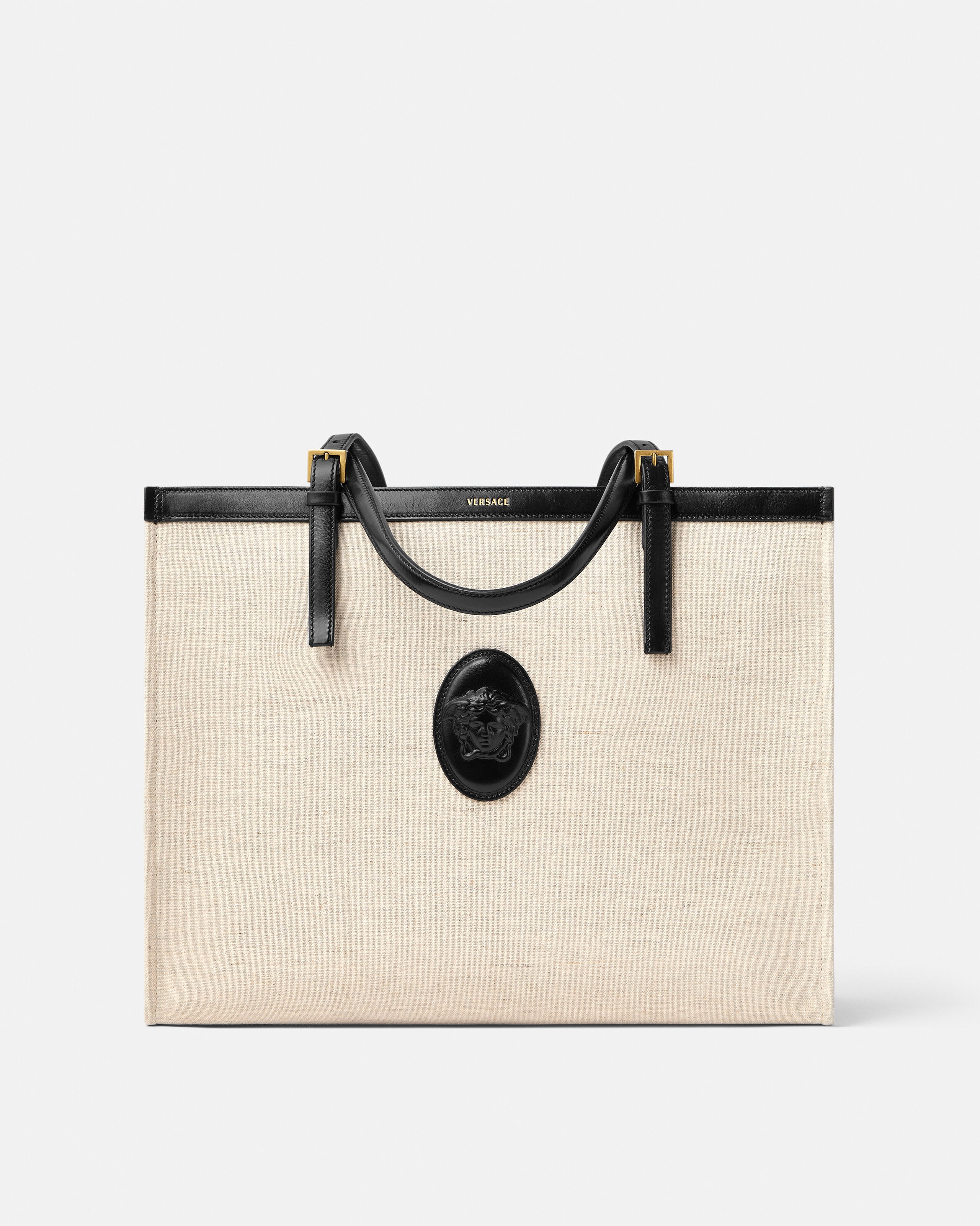 Rivière Large Canvas Tote Black,Beige | VERSACE US