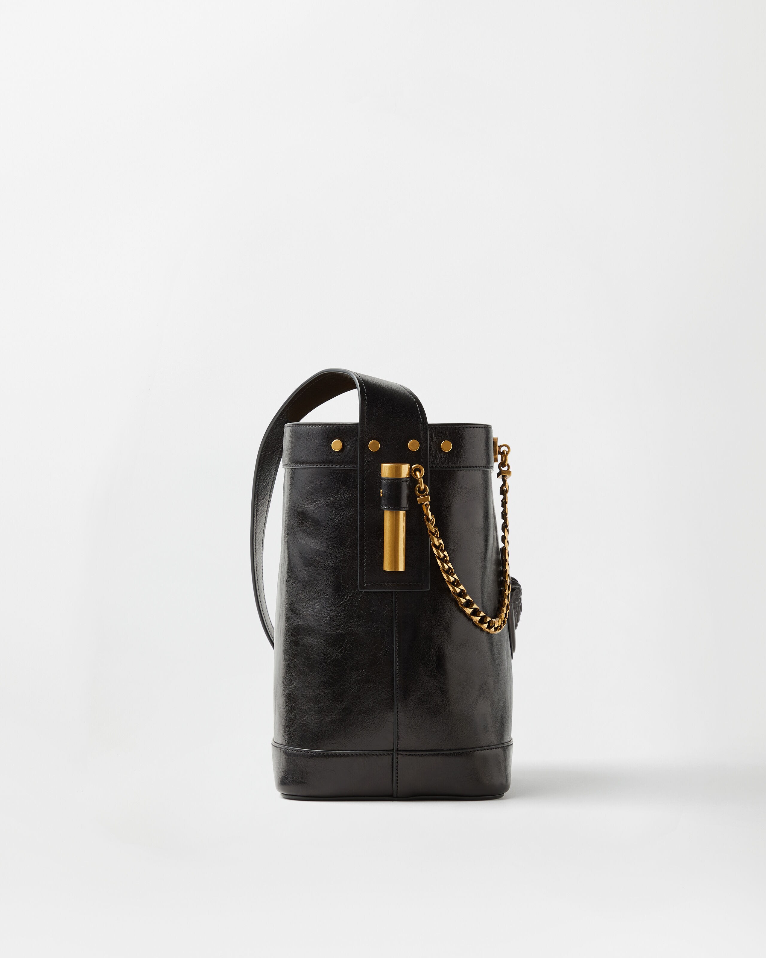Pivot Small Leather Bucket Bag Black | VERSACE US