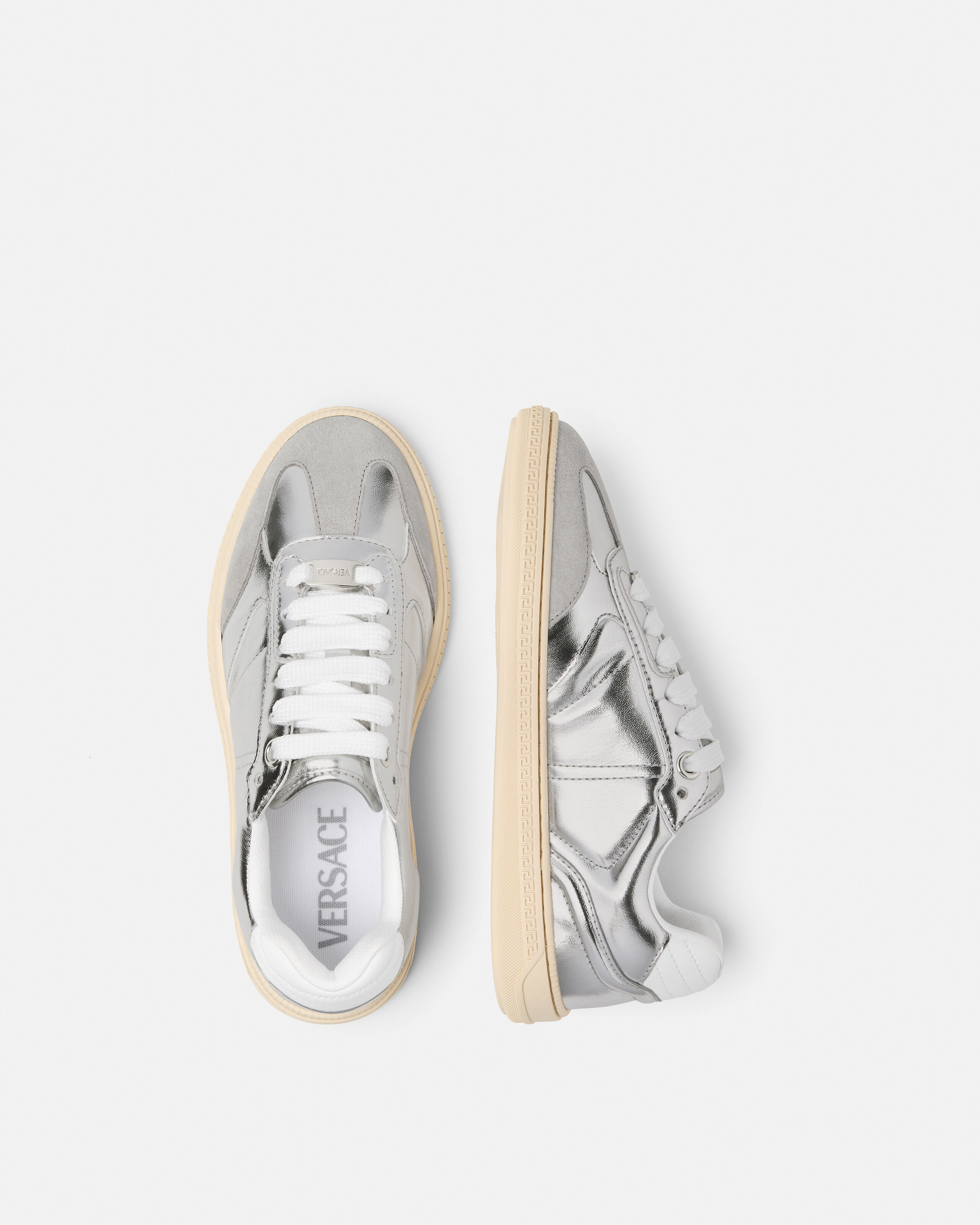 Greca Court Metallic Sneakers Silver | VERSACE US