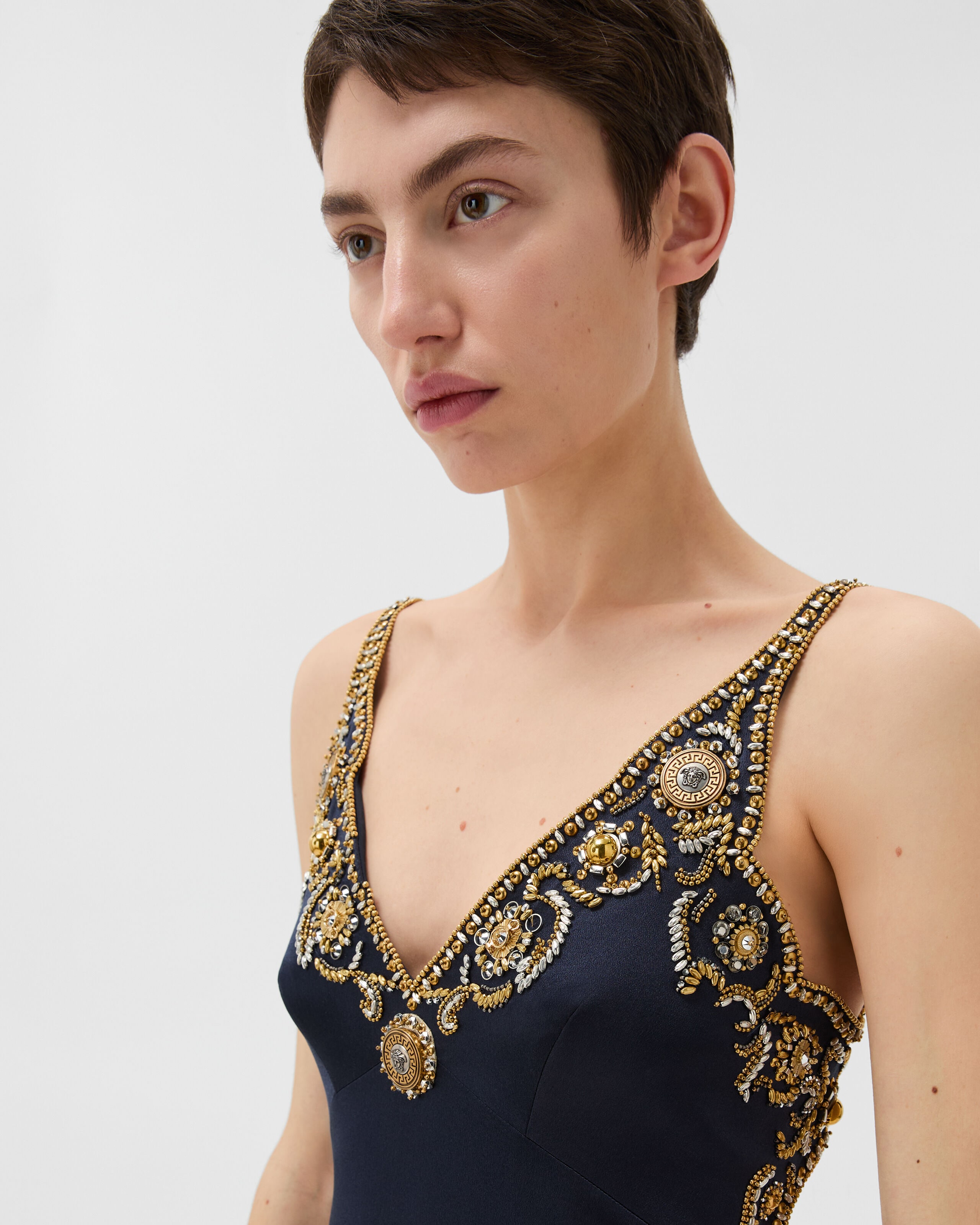 Embroidered Silk Cady Satin Mini Dress Blue | VERSACE US