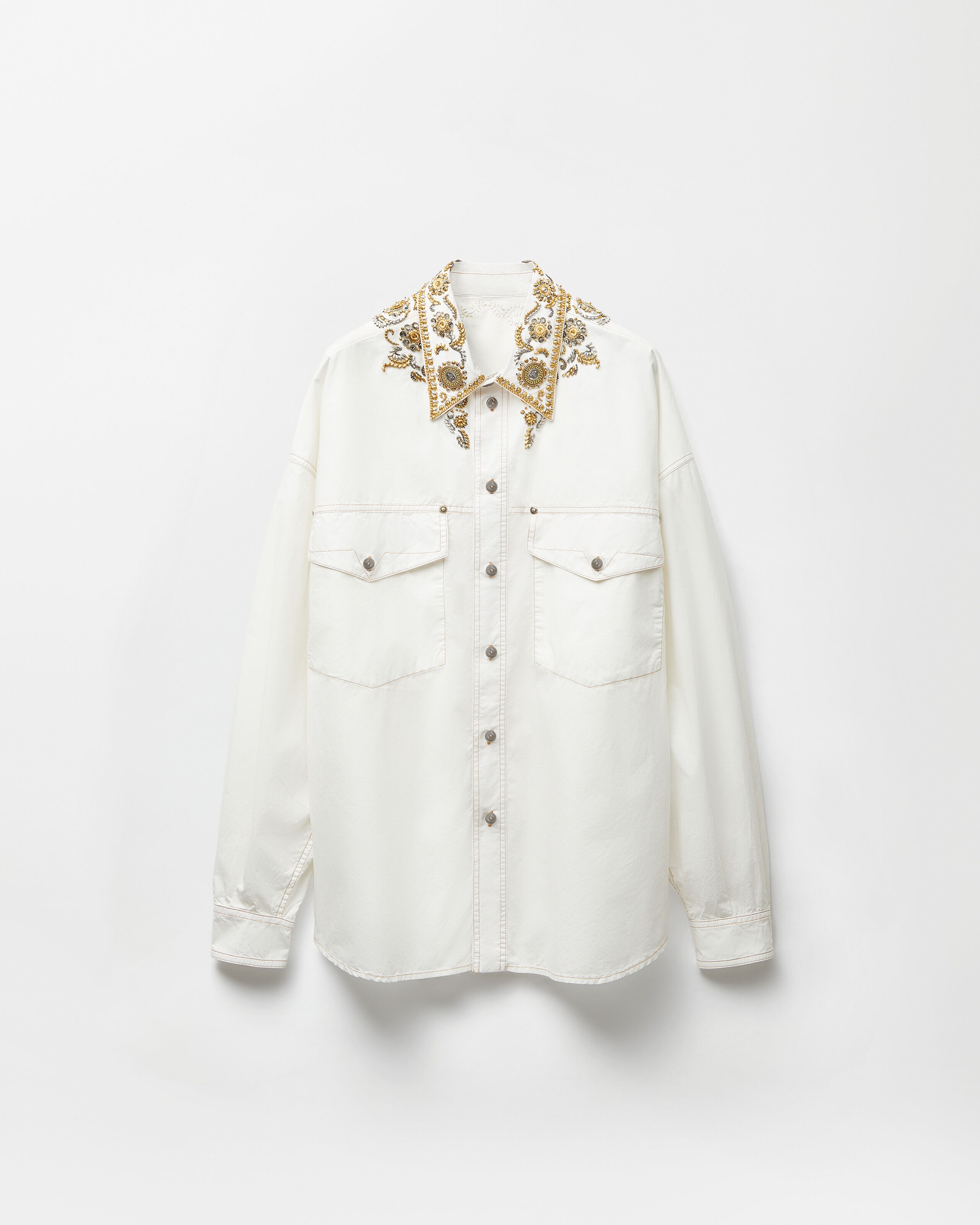 Embroidered Cotton-Poplin Shirt White | VERSACE US