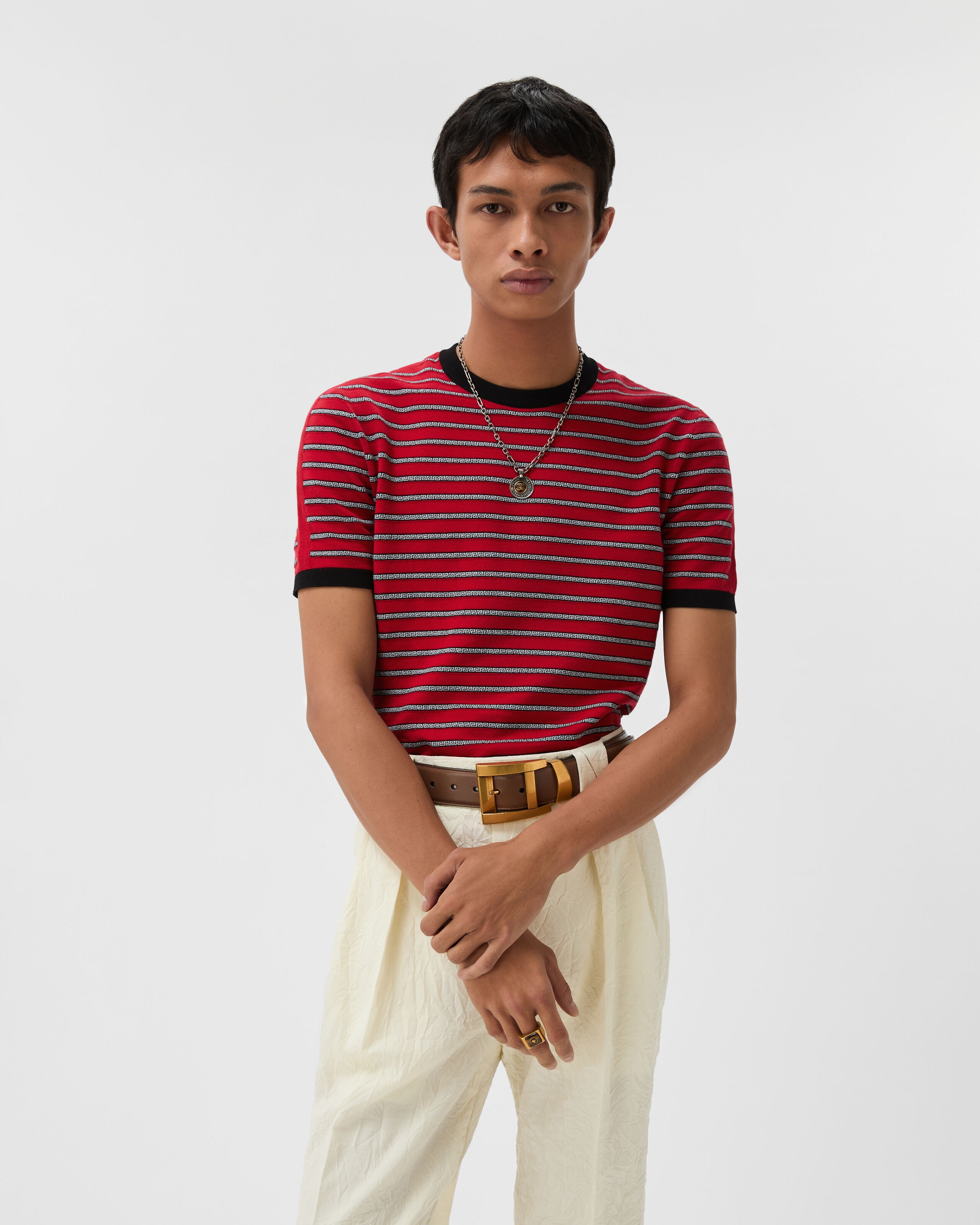 Jacquard Cotton-Blend Knit T-Shirt Red | VERSACE US