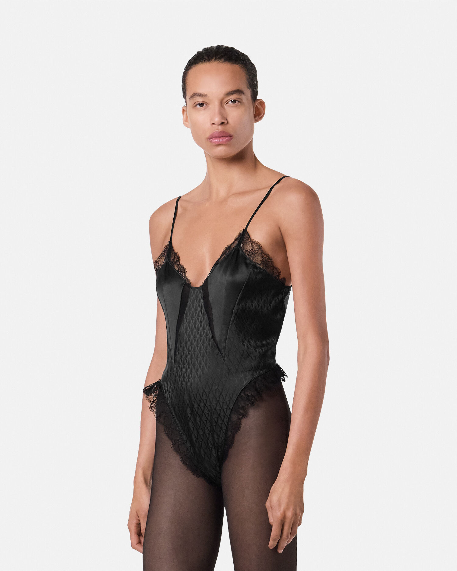 VERSUS VERSACE ヴェルサスヴェルサーチ レオタード ボディスーツ V Allover Jacquard Silk Bodysuit Black | VERSACE US