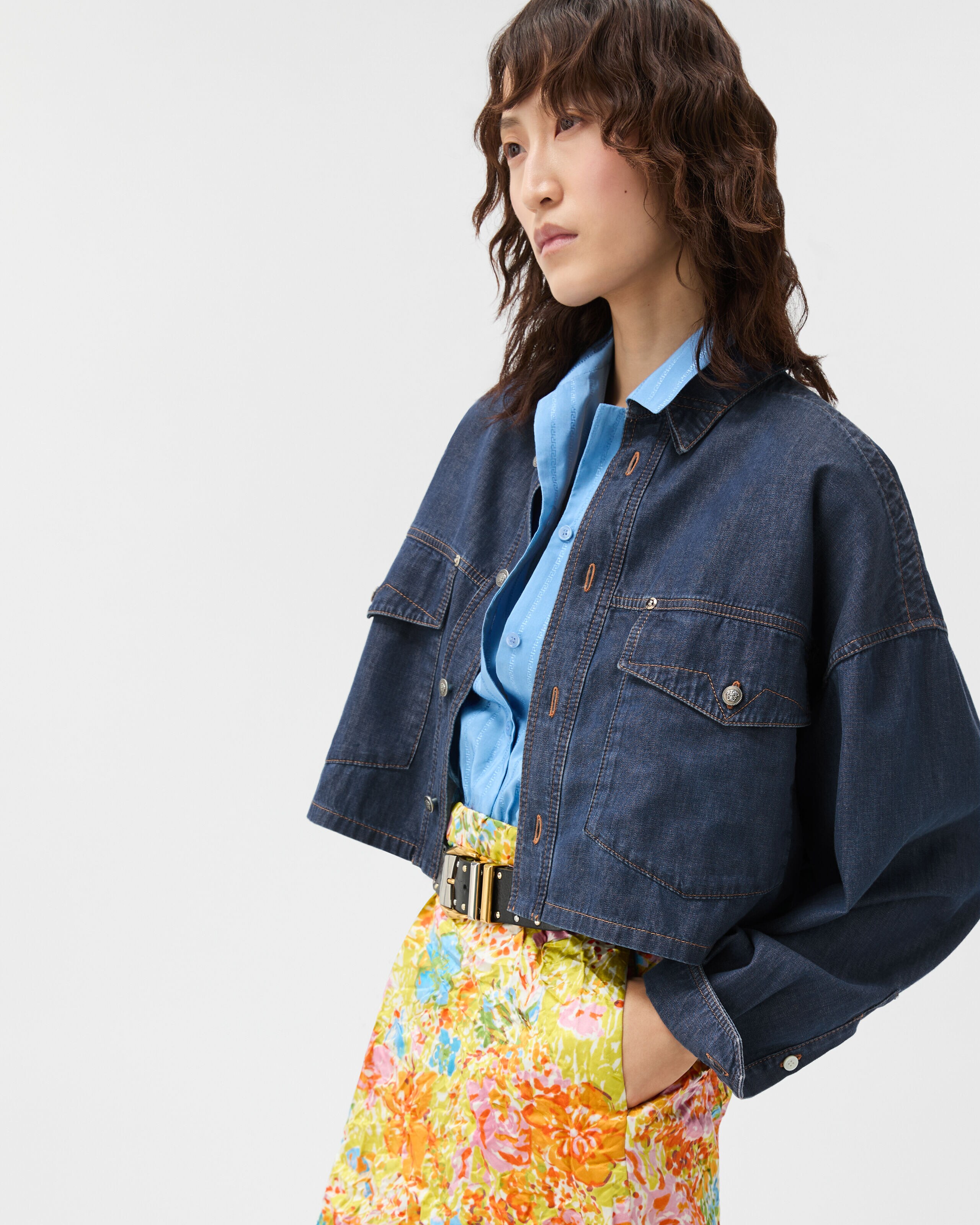 Chambray Denim Crop Shirt Blue | VERSACE US
