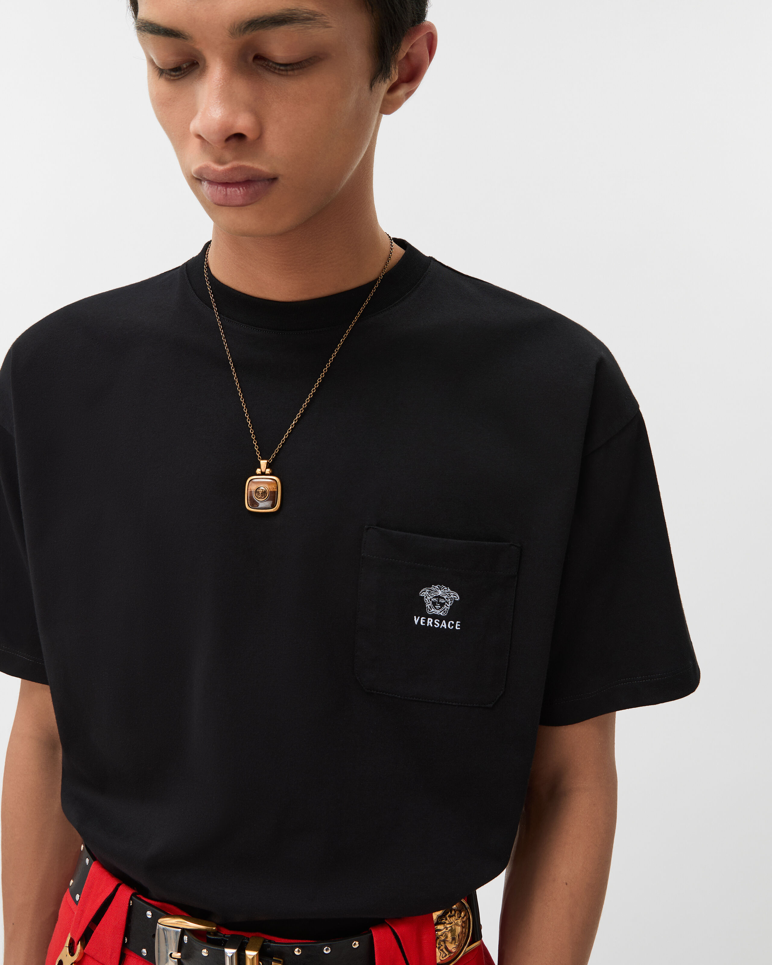 Embroidered Cotton-Jersey T-Shirt Black | VERSACE US