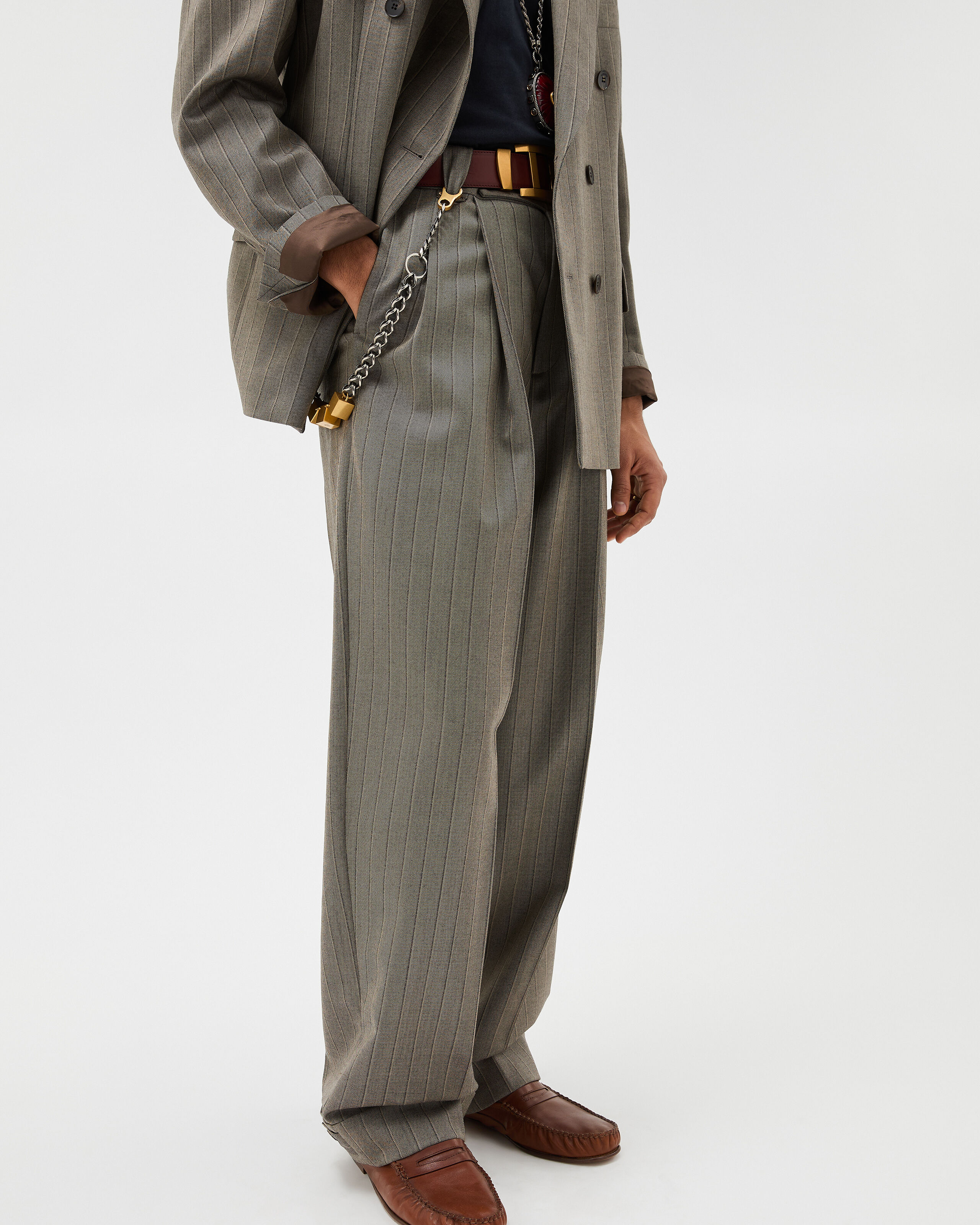 Pinstripe Wool Twill Oversized Pants Gray | VERSACE US