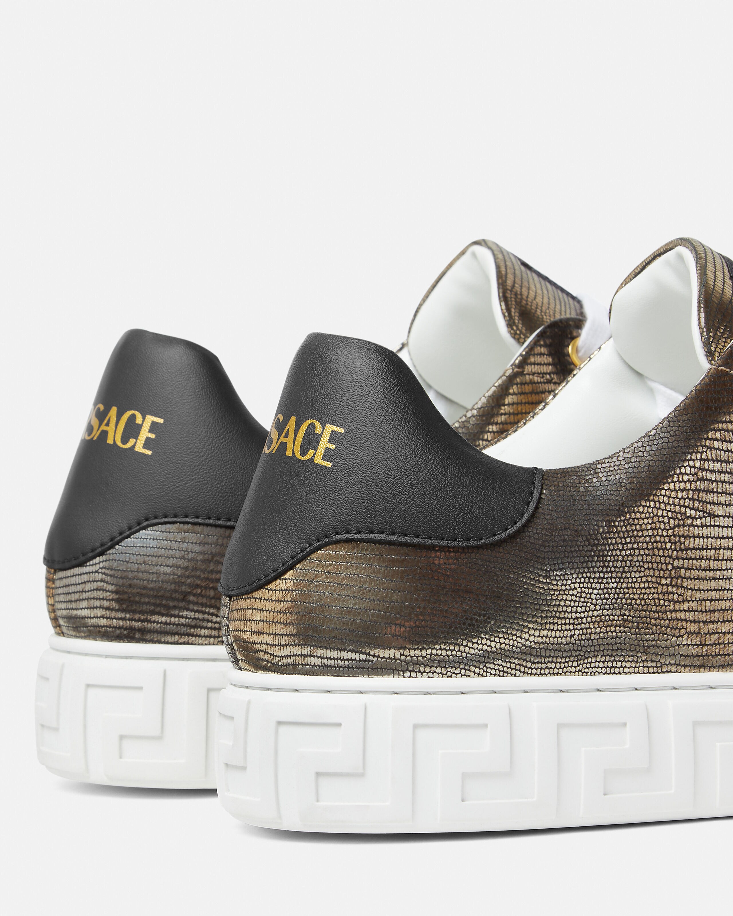 Greca Lizard-Effect Sneakers Gold | VERSACE US