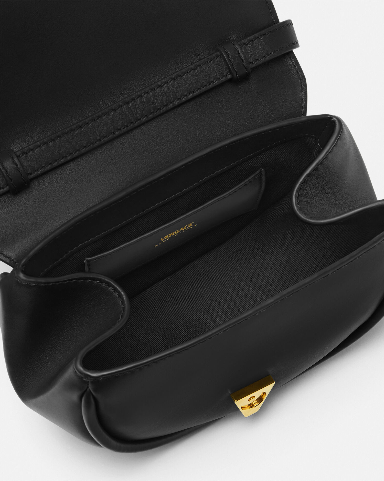 Virtus Small Leather Shoulder Bag Black,Gold | VERSACE US