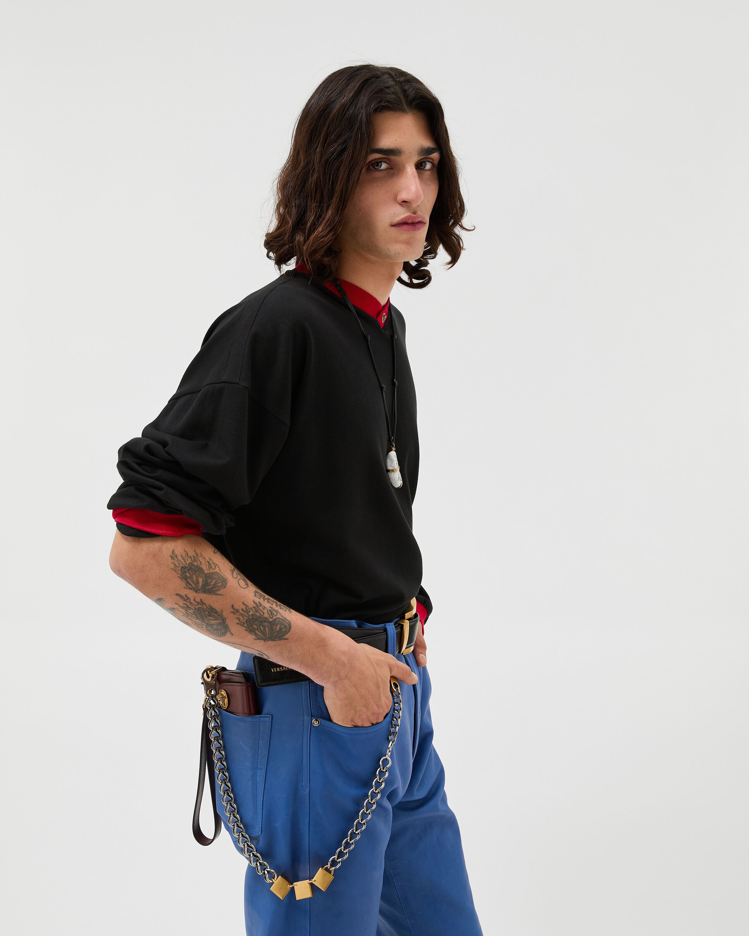 Stretch Cotton-Jersey Long-Sleeved T-Shirt Black,Red | VERSACE US
