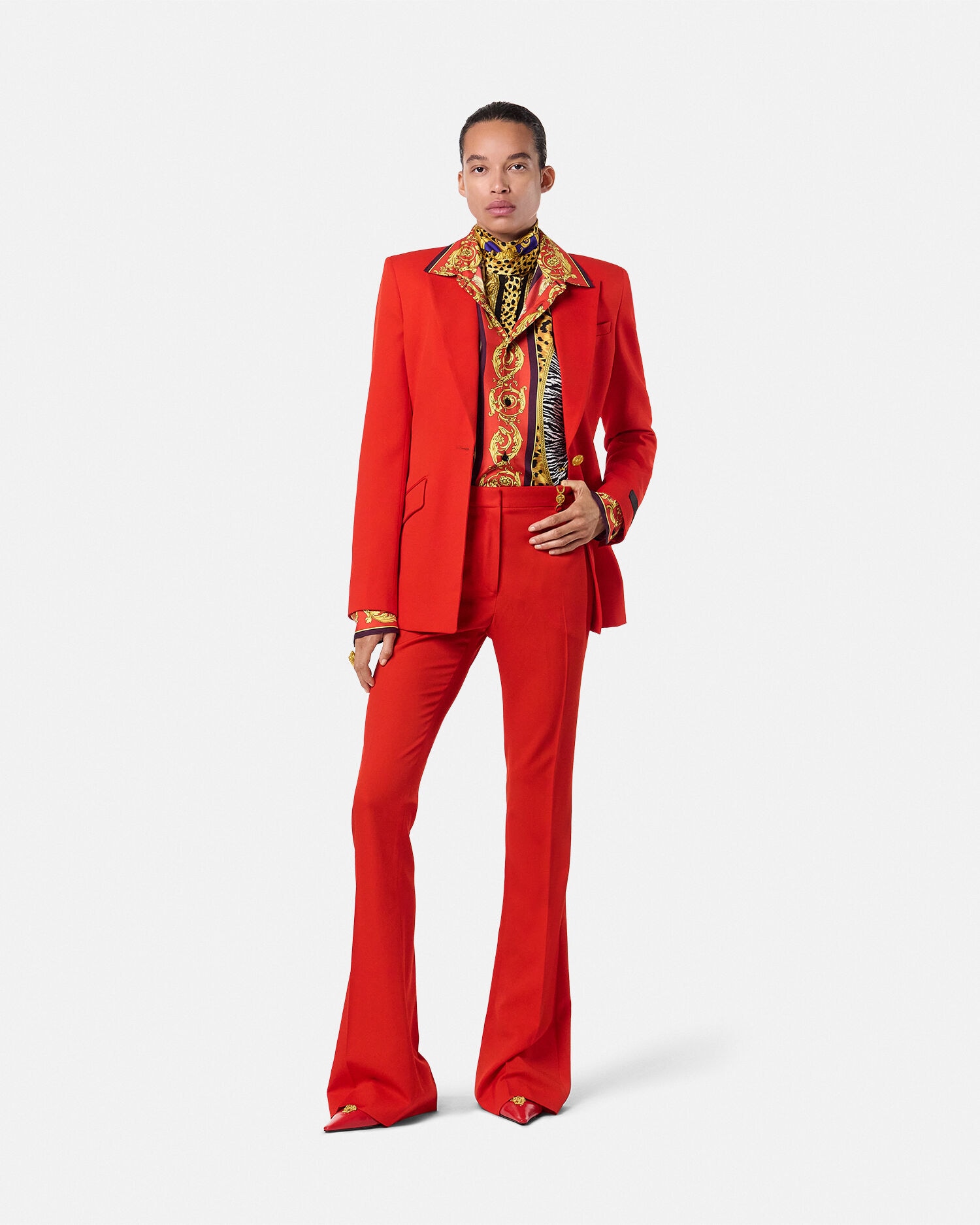 Cheetah Barocco Silk Lavallière Shirt Red,Gold | VERSACE US