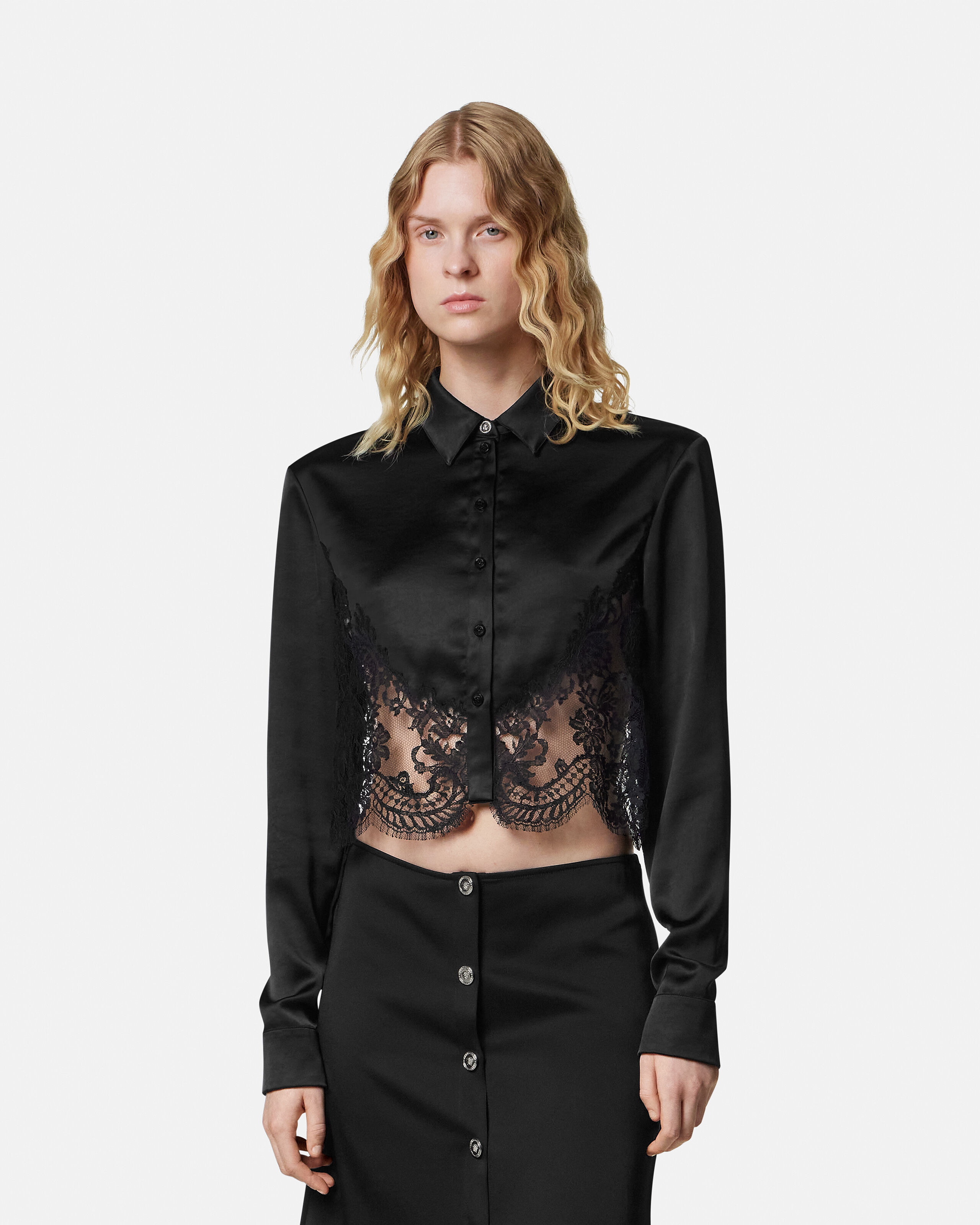Lace-Trim Satin Crop Shirt Black | VERSACE US Lace-Trim Satin Crop Shirt Black | VERSACE US