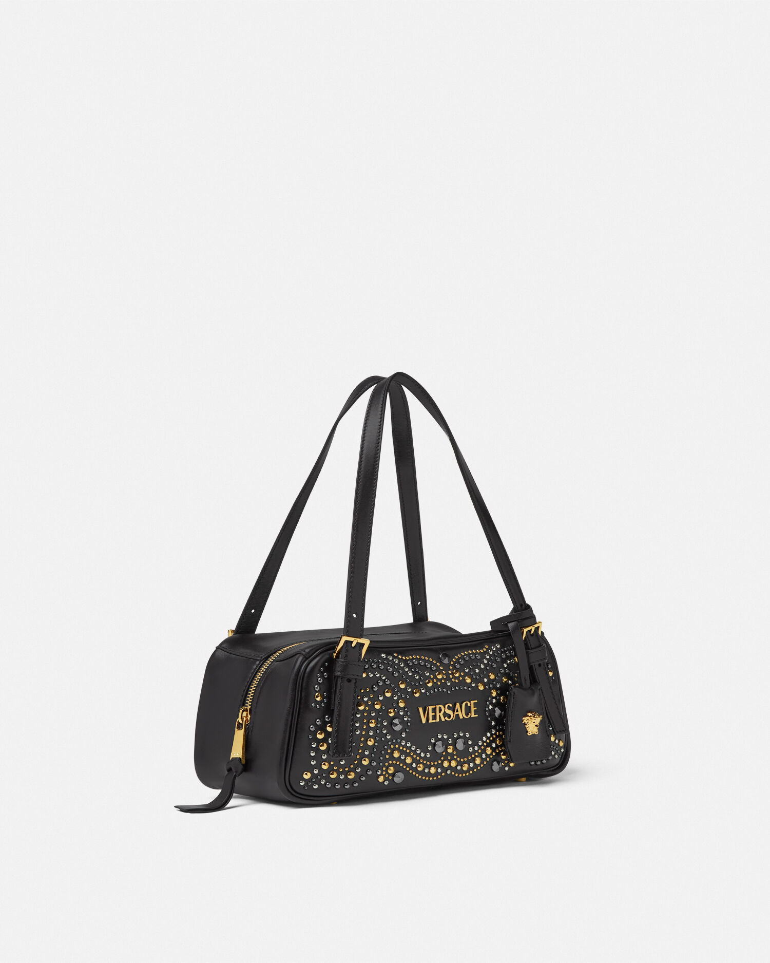 Shop Versace Tag Suede Bowling Bag at Beverly Center in Los