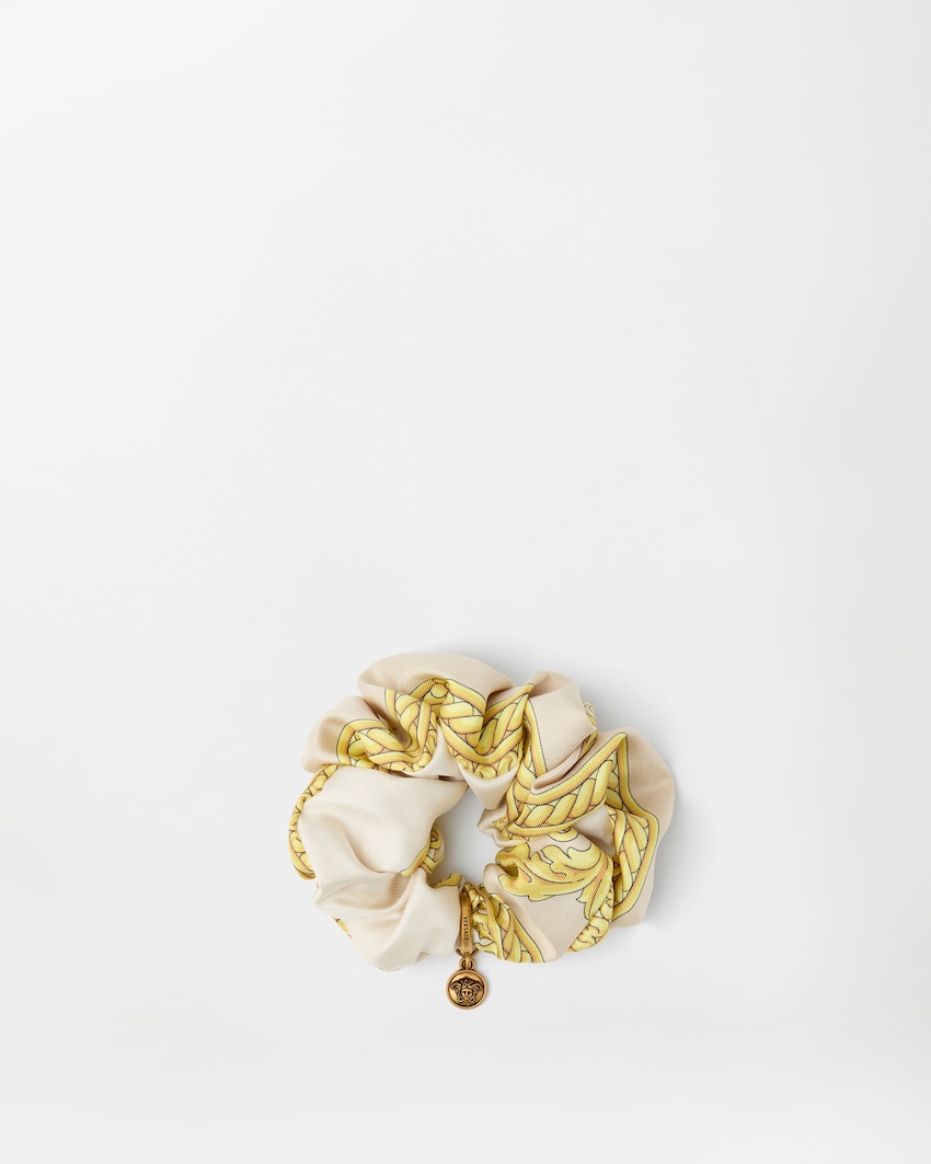 Printed Silk Twill Scrunchie White+Gold 1