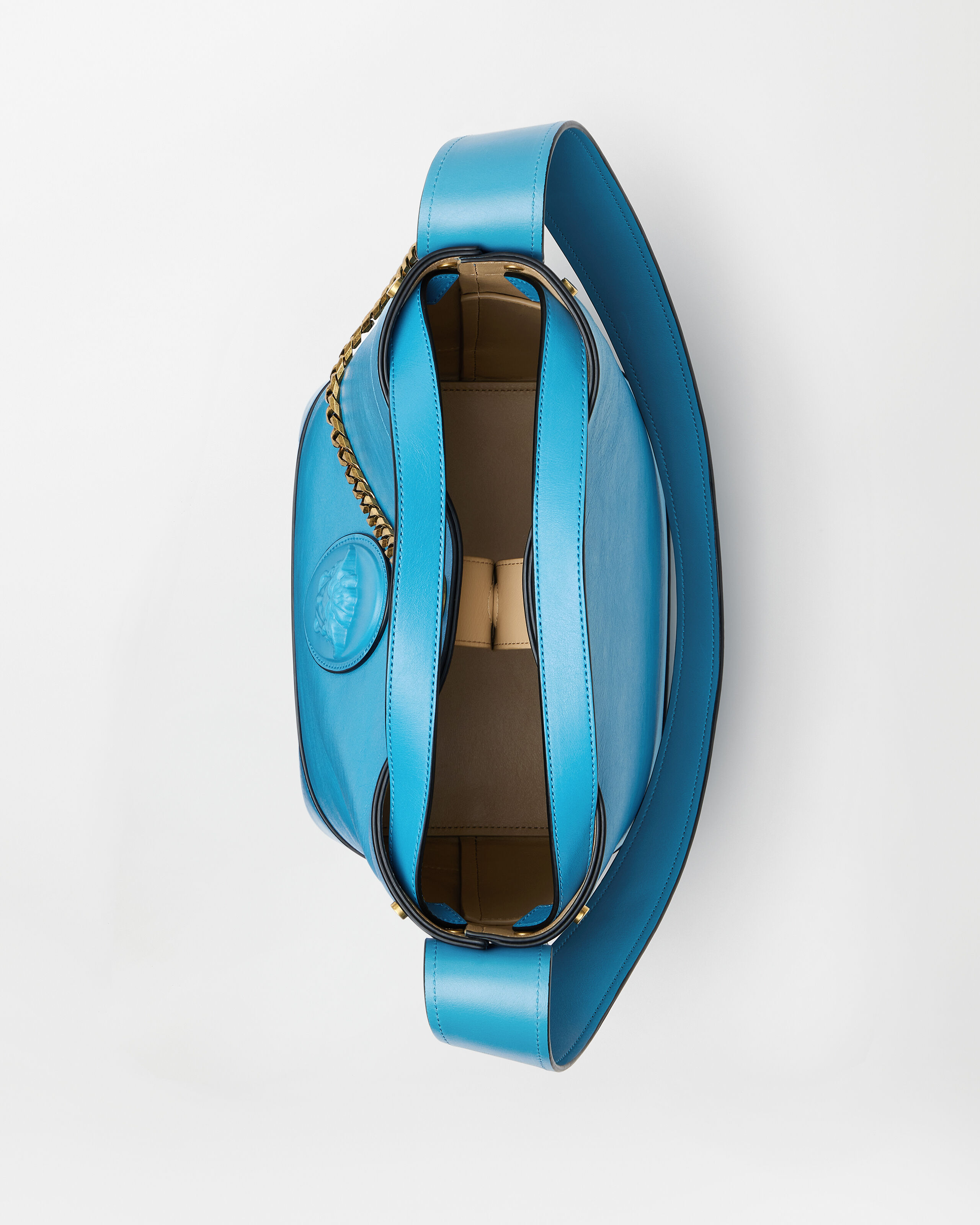 GIANNI VERSACE(ヴェルサーチェ)ショルダーバッグ ライトブルー Pivot Small Leather Bucket Bag Blue | VERSACE US