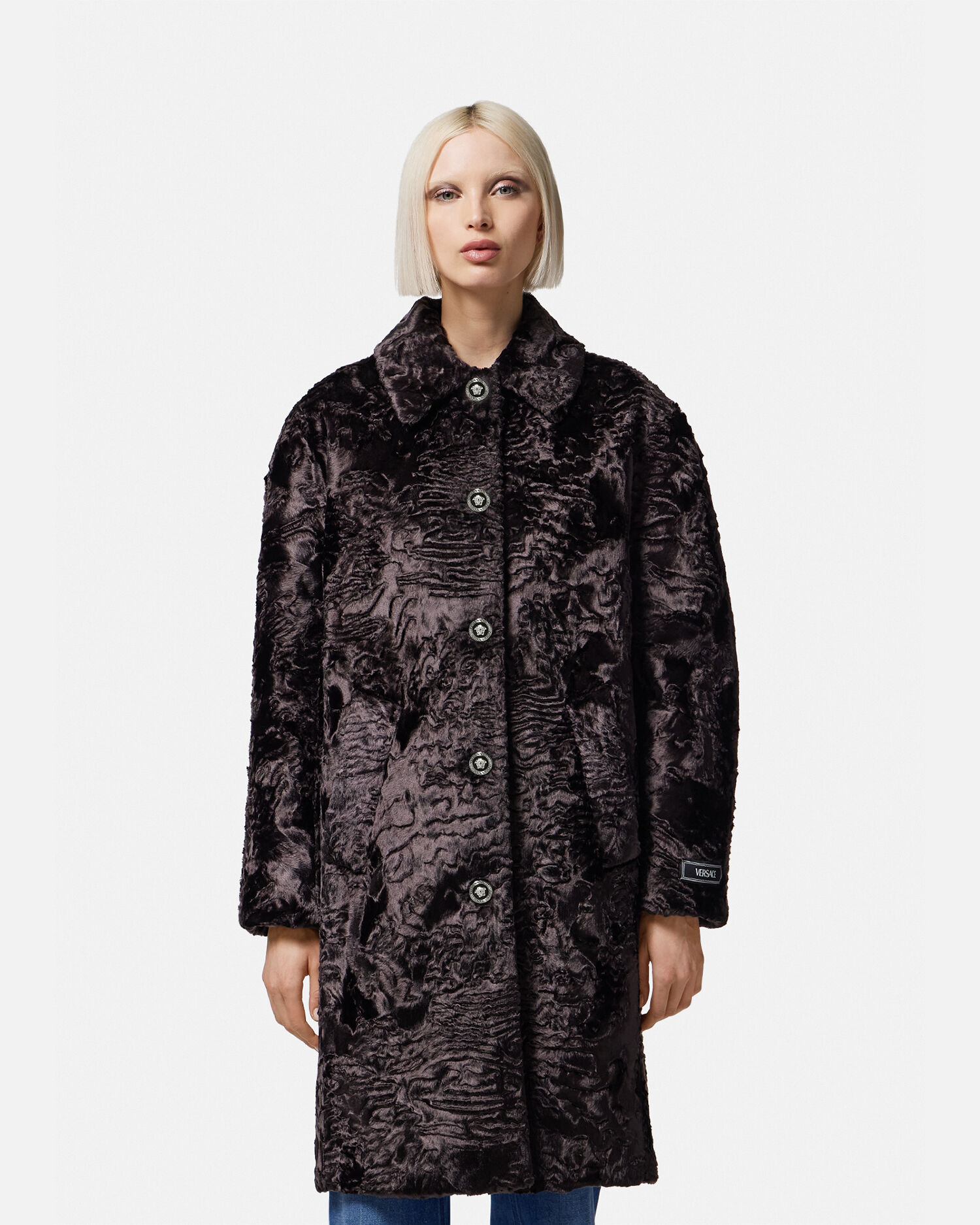 Faux Fur Coat Black Versace US