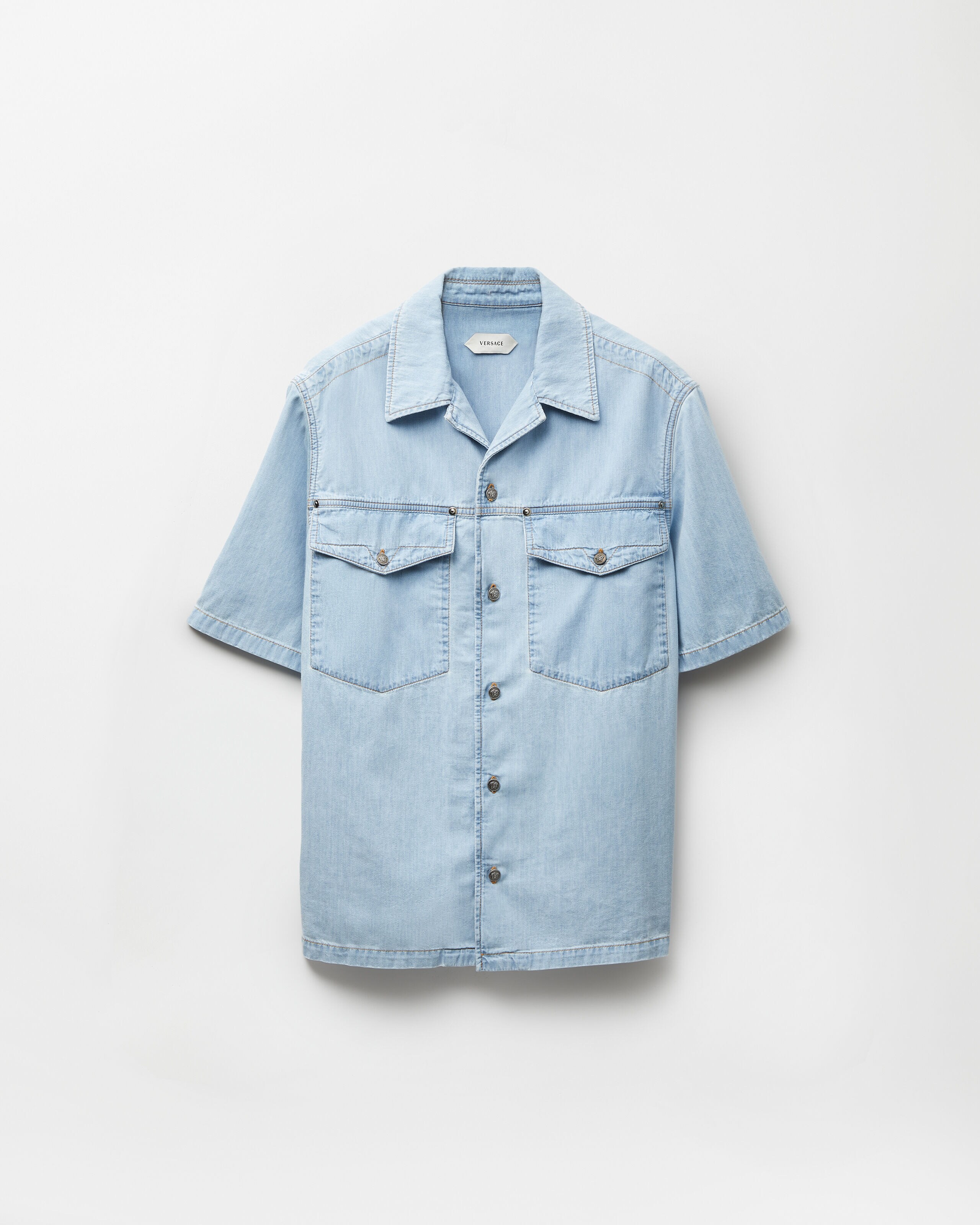 Embroidered-Logo Denim Cotton Shirt Blue | VERSACE UK
