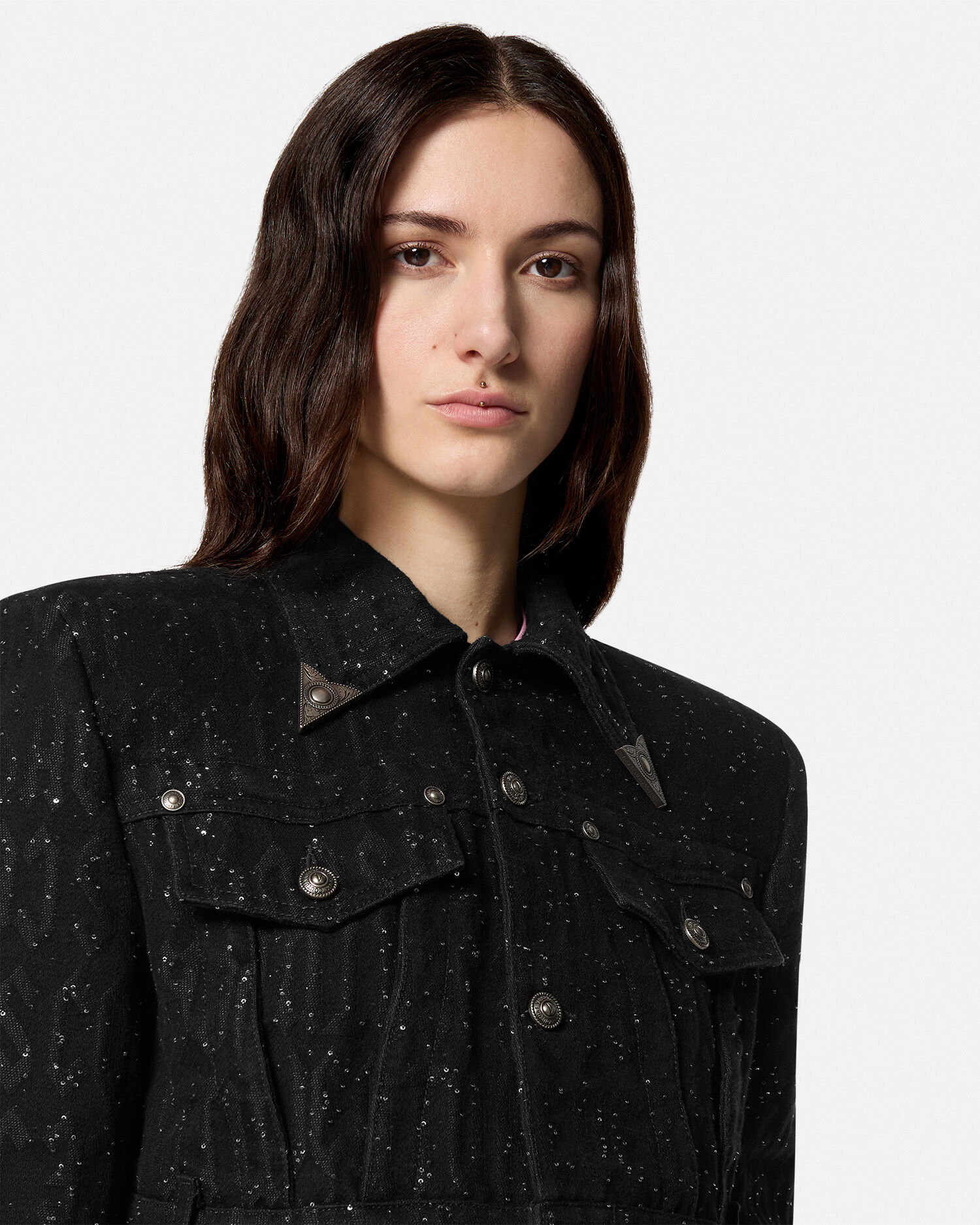 Embellished Logo Crop Denim Jacket VERSACE US