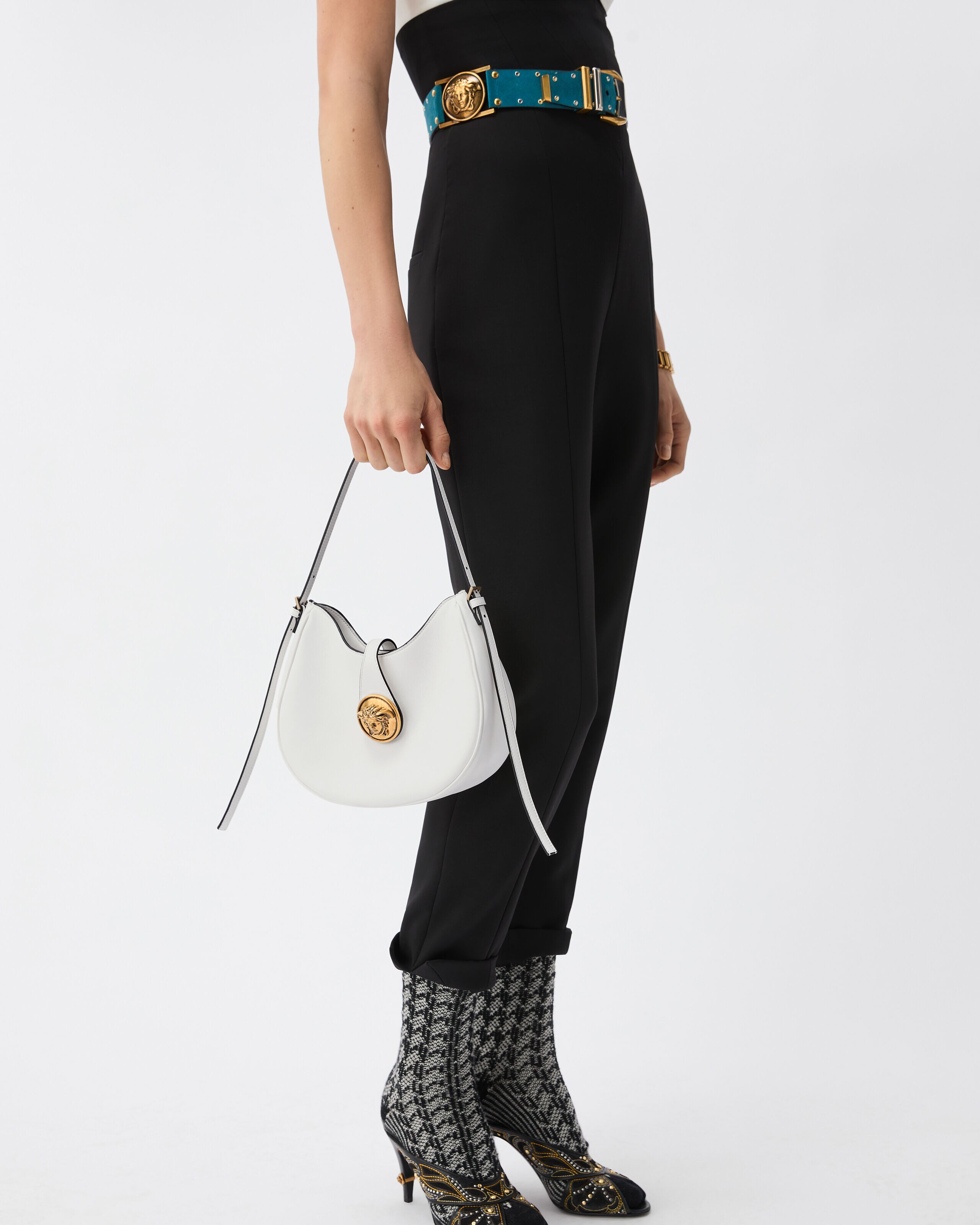 Emblème Nappa Hobo Bag White | VERSACE US
