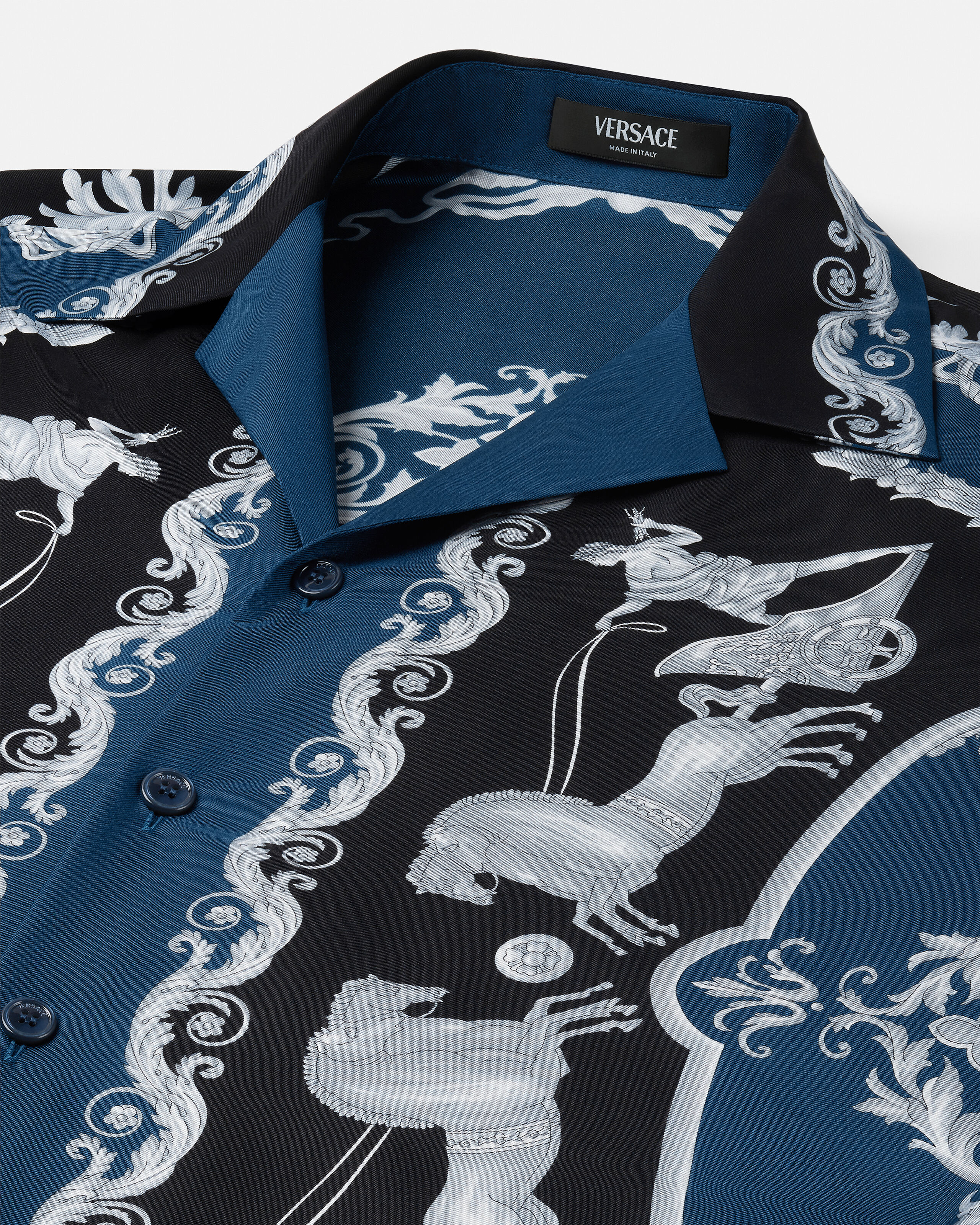 Printed Silk Twill Regular Shirt Black,Blue | VERSACE US