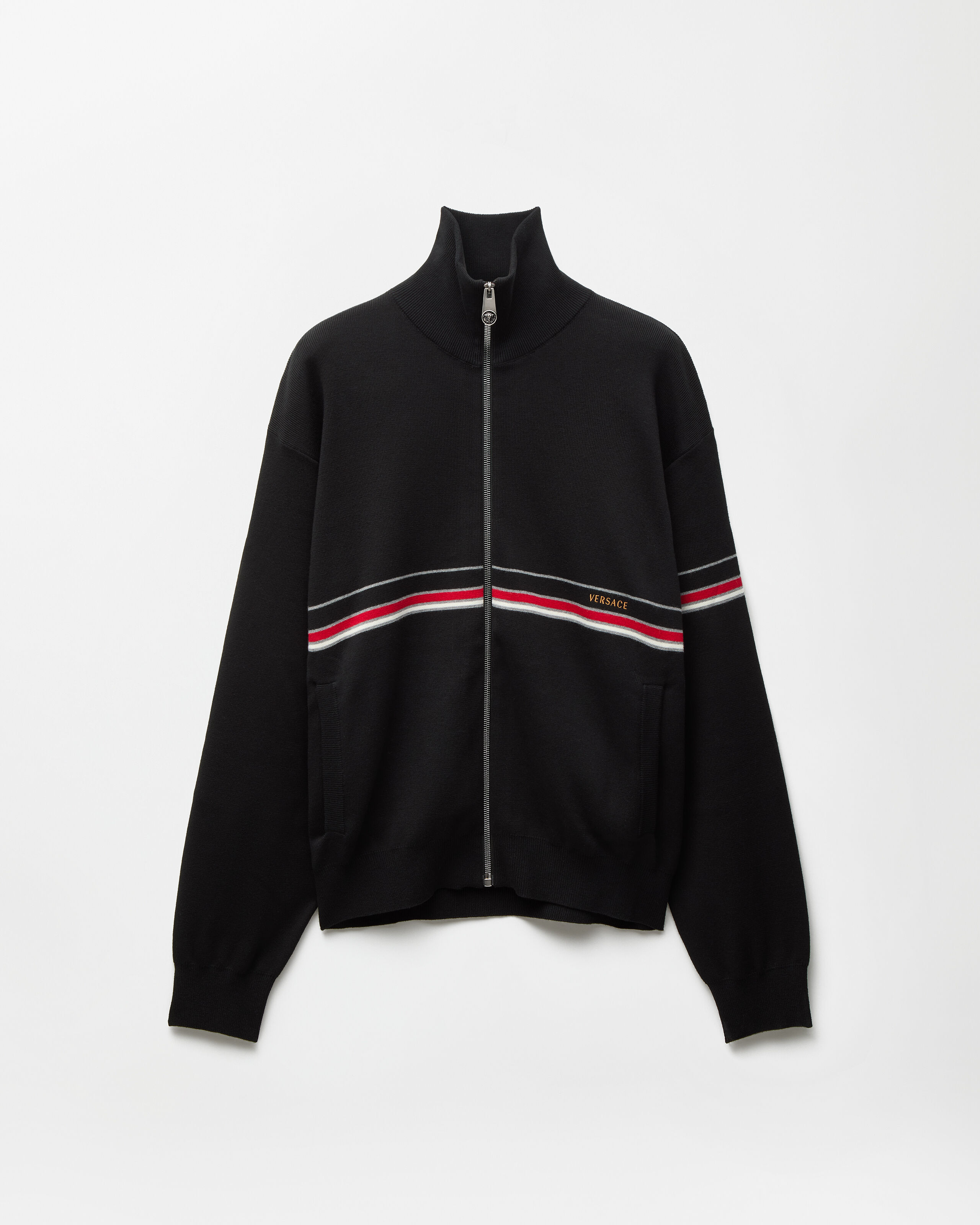 Embroidered-Logo Cotton Knit Zip Cardigan Black | VERSACE