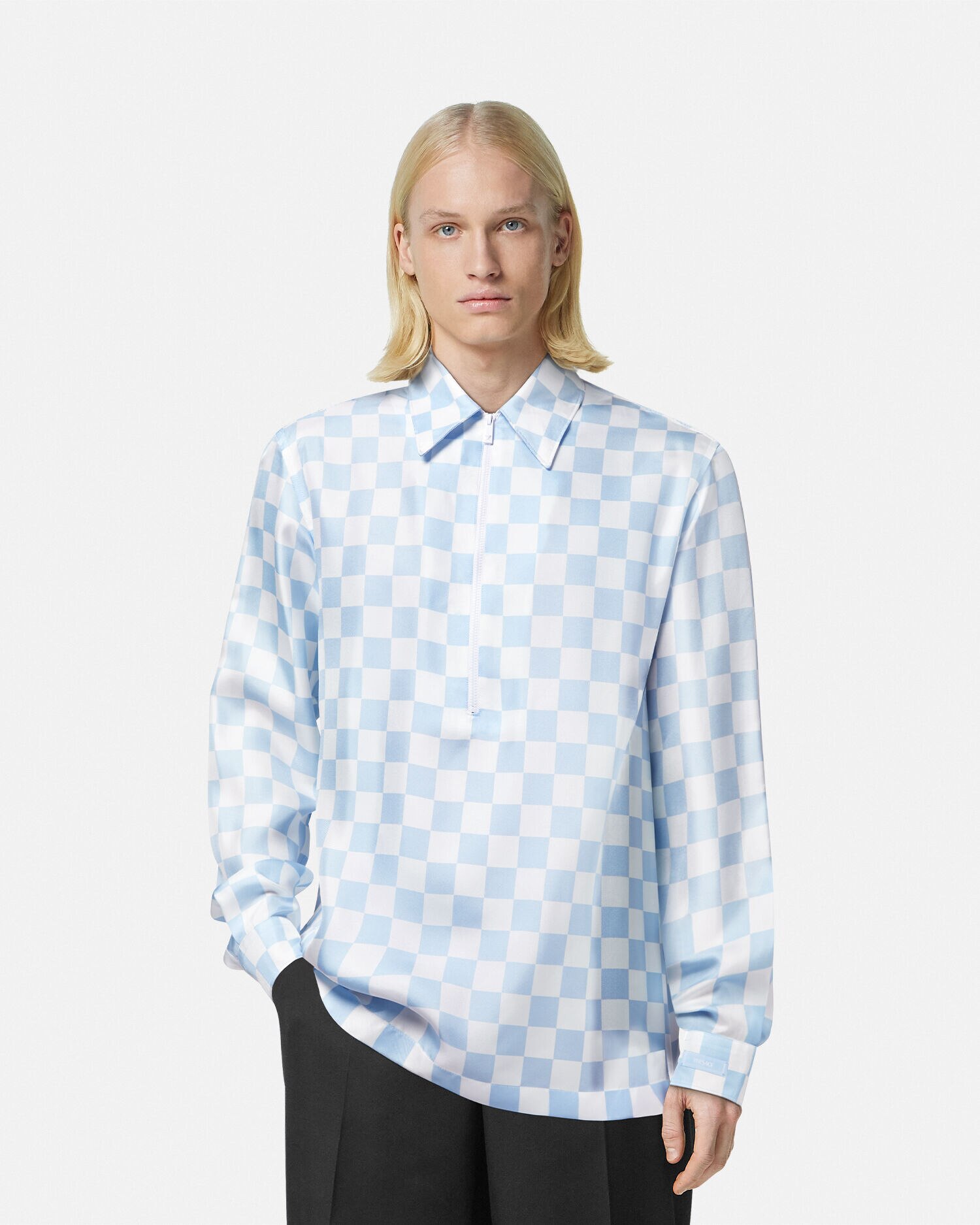 Camisa de seda con cremallera Contrasto Azul VERSACE