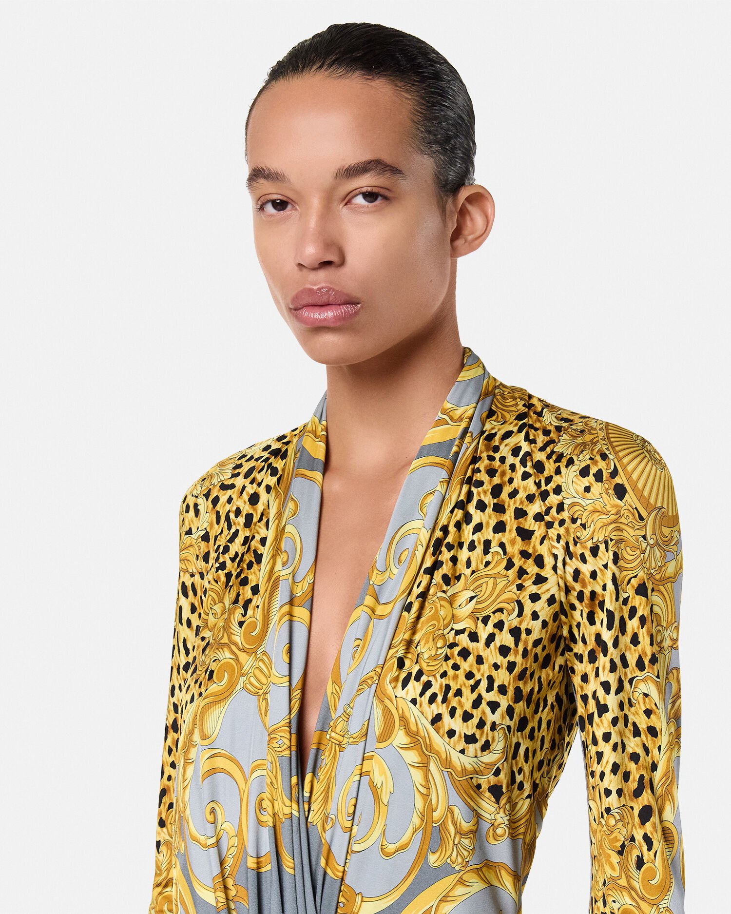 Cheetah Foulard Draped Bodysuit Gray,Gold | VERSACE US