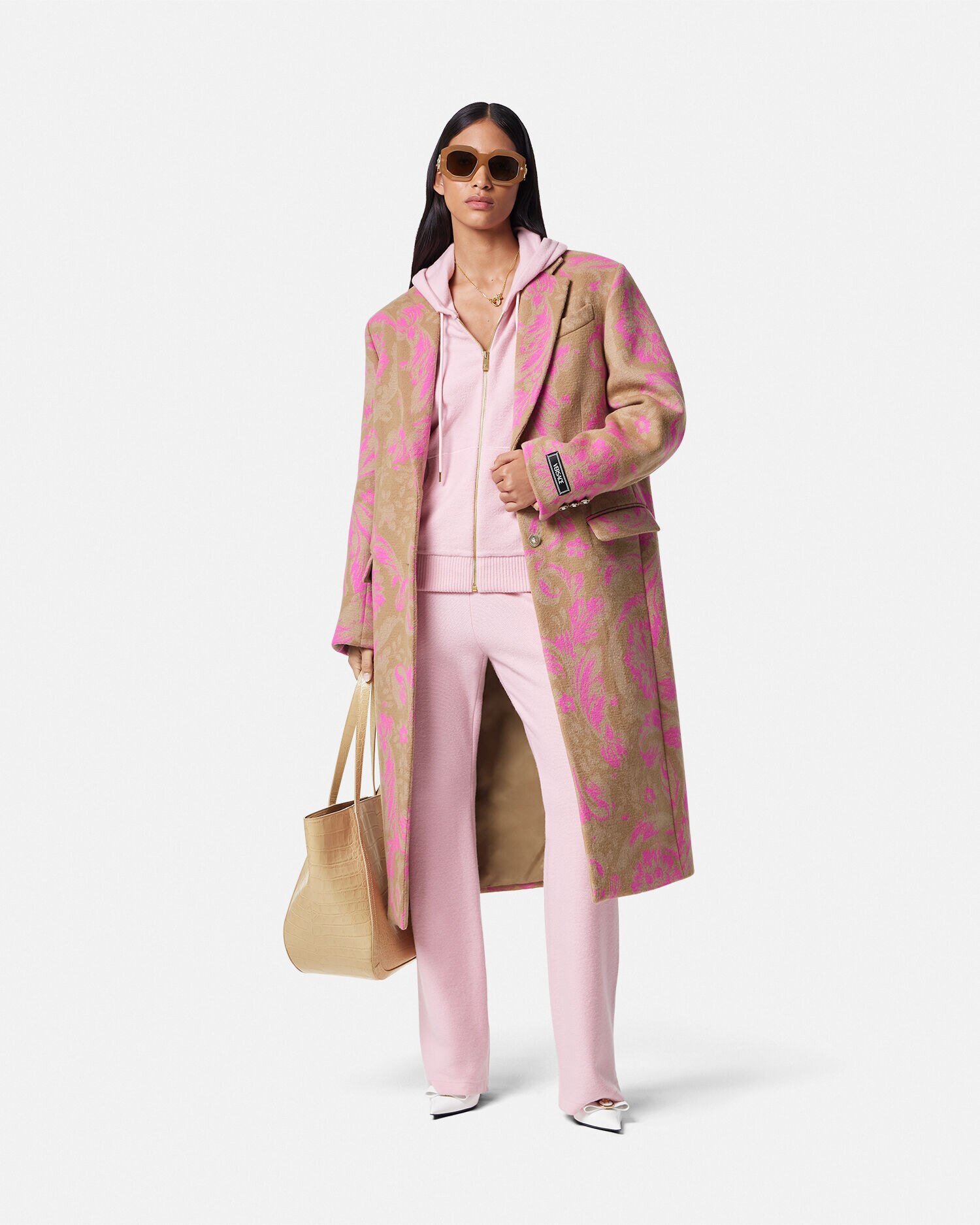 Barocco Stencil Wool Overcoat Beige Print Versace US