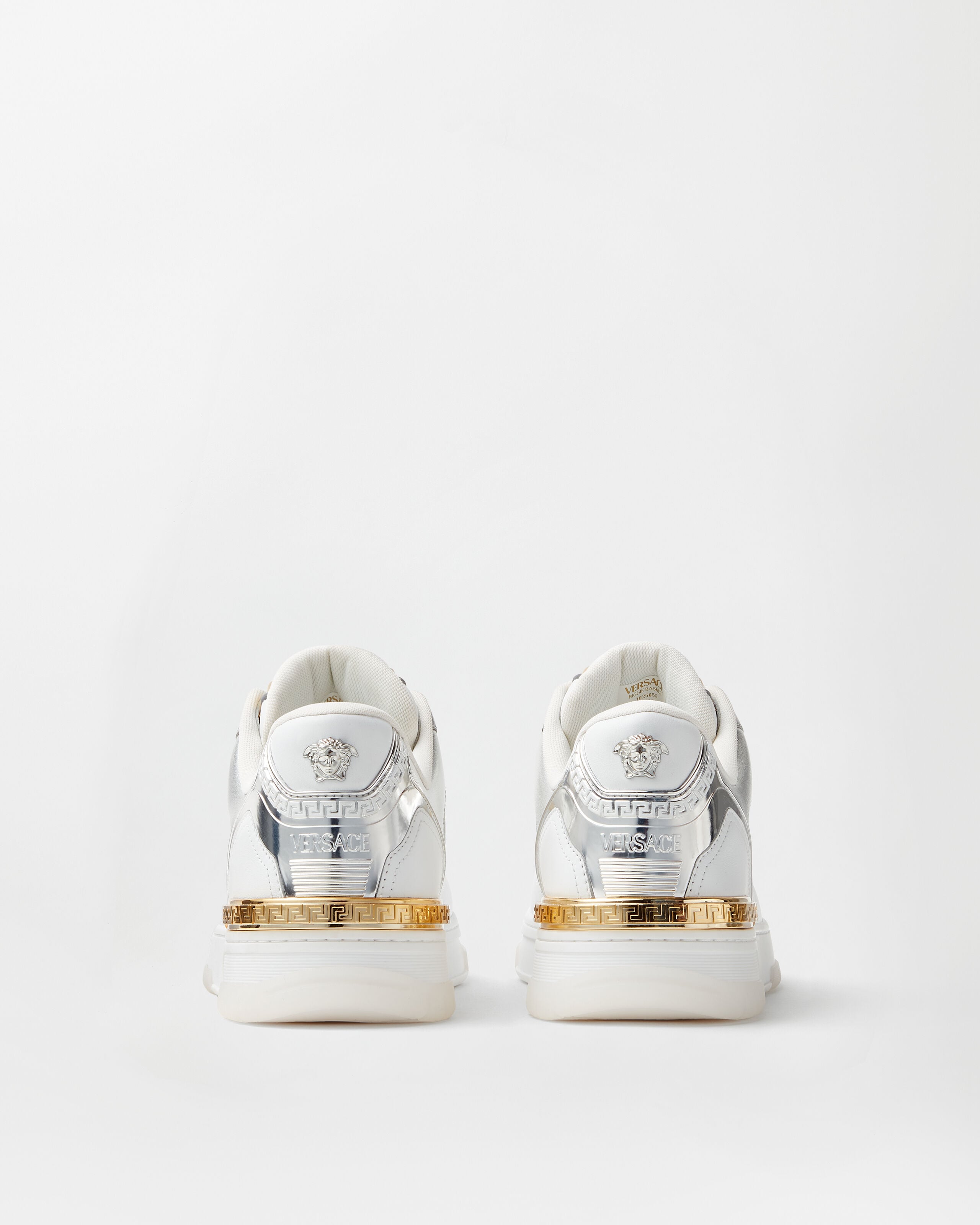 Biggie Basket Metallic Leather Sneakers Silver,Gold | VERSACE US