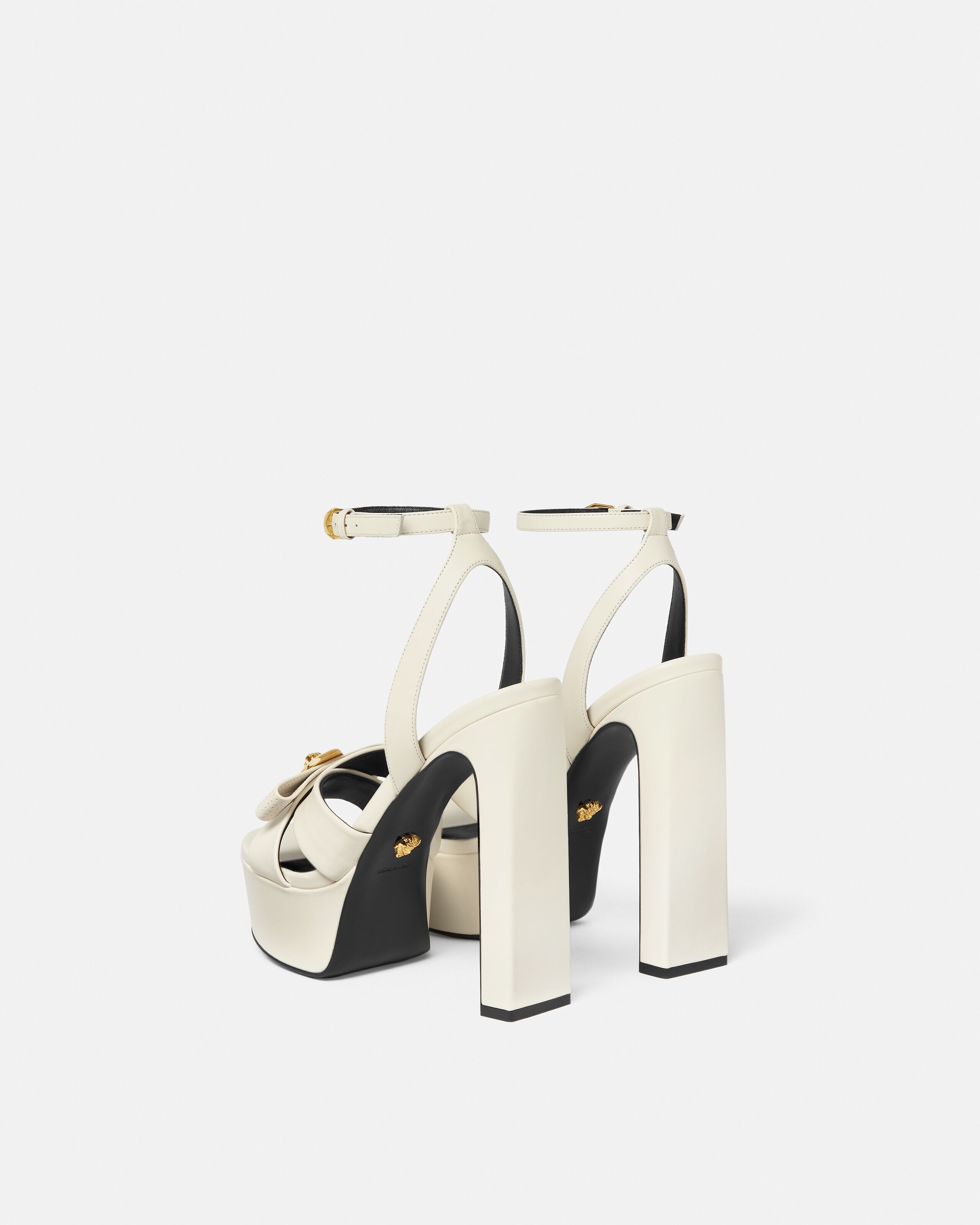 Gianni Ribbon Leather Sandals 140 mm White,Gold | VERSACE US